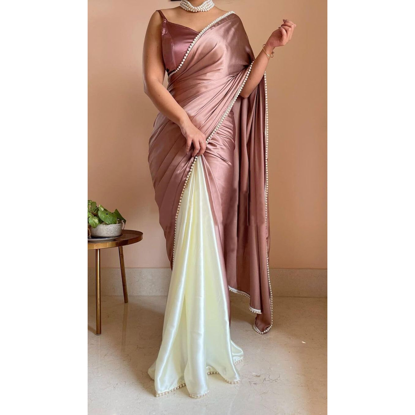 BRAHMSHAKTI Womens Satin Half Half Collection Saree With Blouse Piece, Beige