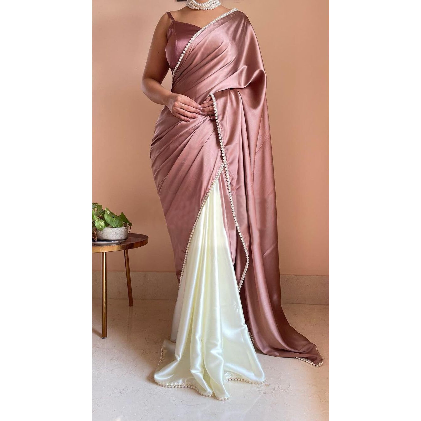 BRAHMSHAKTI Womens Satin Half Half Collection Saree With Blouse Piece, Beige