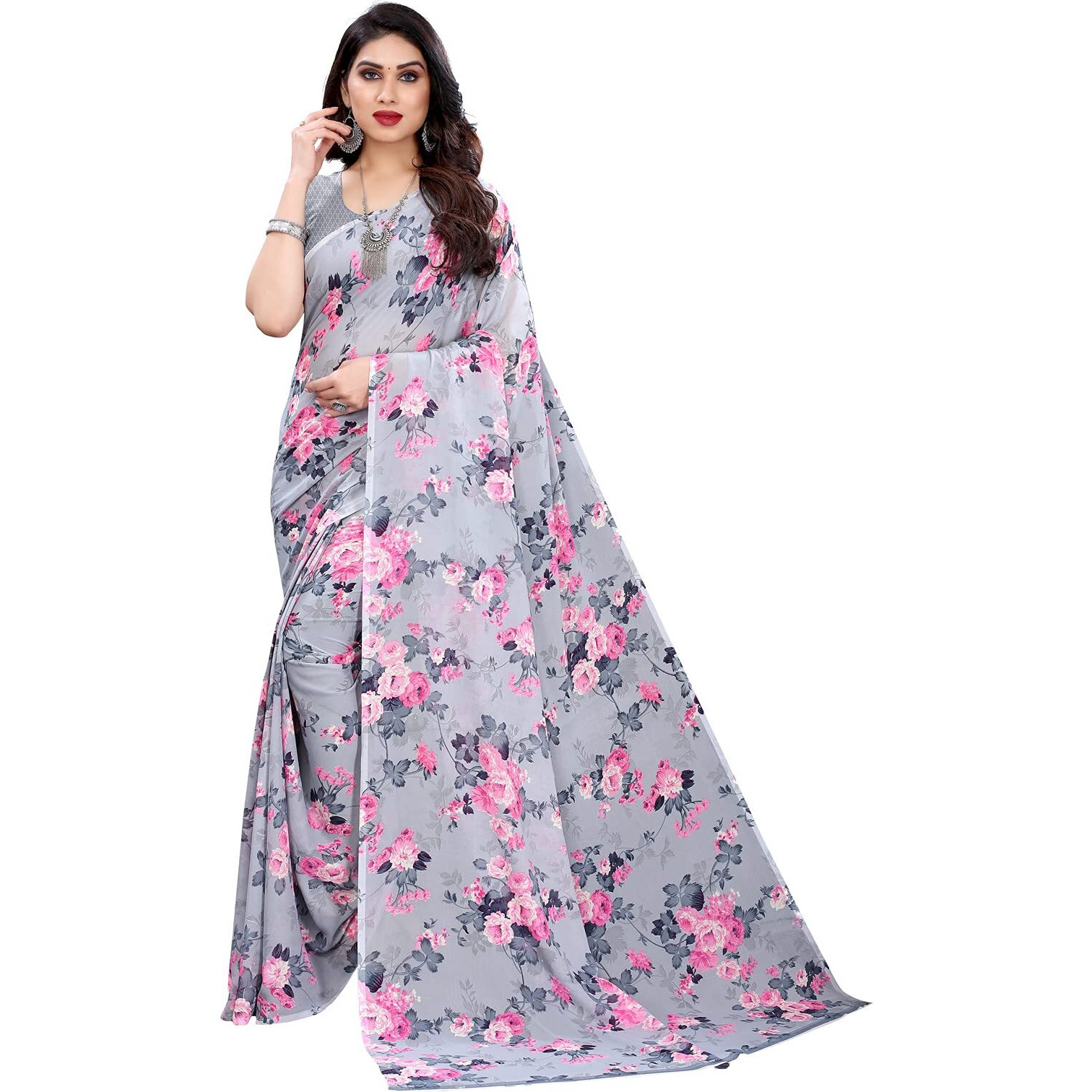 SIRIL Womens Floral Printed Georgette Saree With Blouse Piece (2111S685_Grey2)