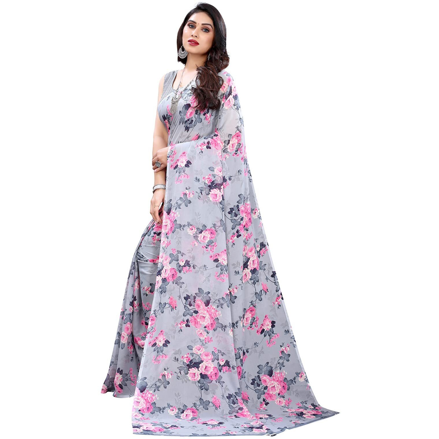 SIRIL Womens Floral Printed Georgette Saree With Blouse Piece (2111S685_Grey2)