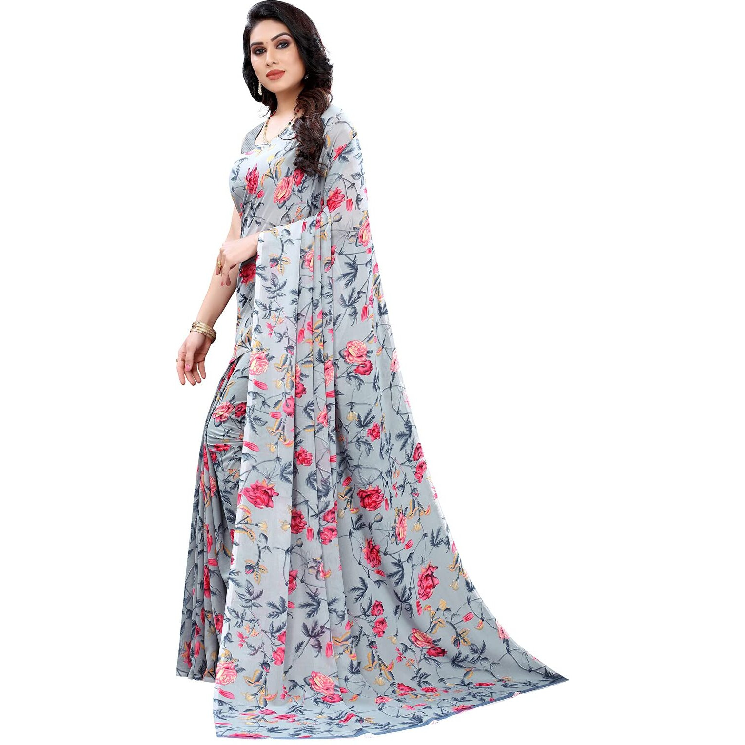 SIRIL Womens Floral Printed Georgette Saree With Blouse(2094S653_Grey1)