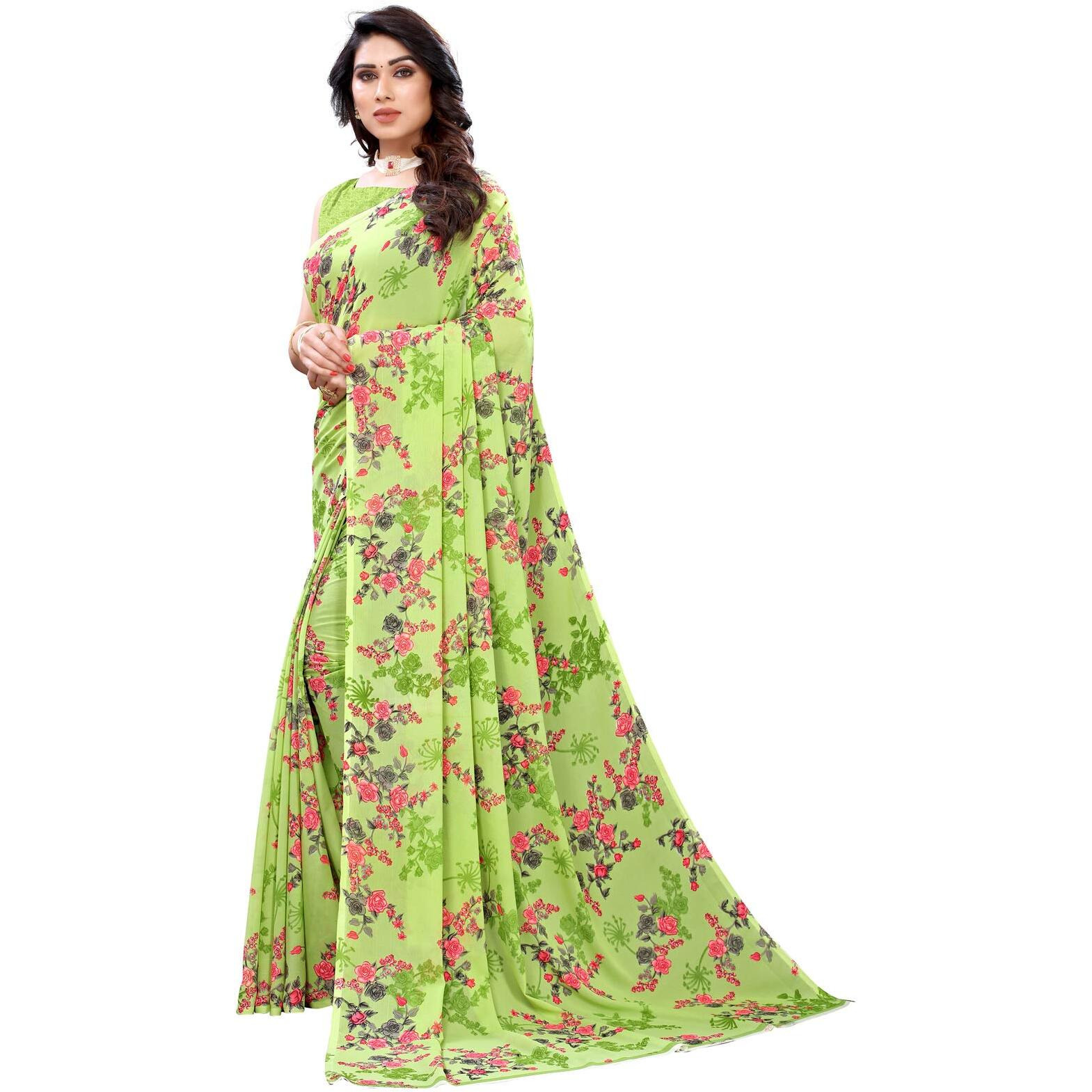 SIRIL Womens Pochampalli Georgette Saree With Blouse (1850S172_Parrot Green)