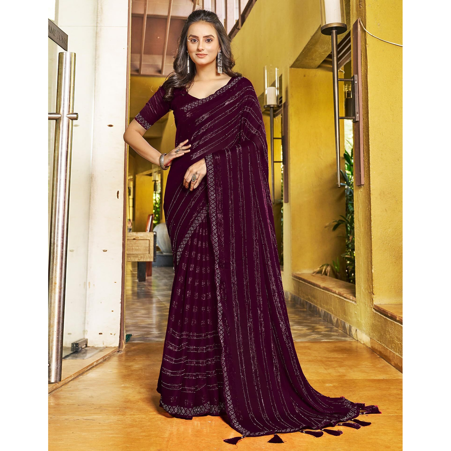 SIRIL Womens Chiffon Hot Fixing Saree With Unstitched Blouse Piece (3397S249_Wine)