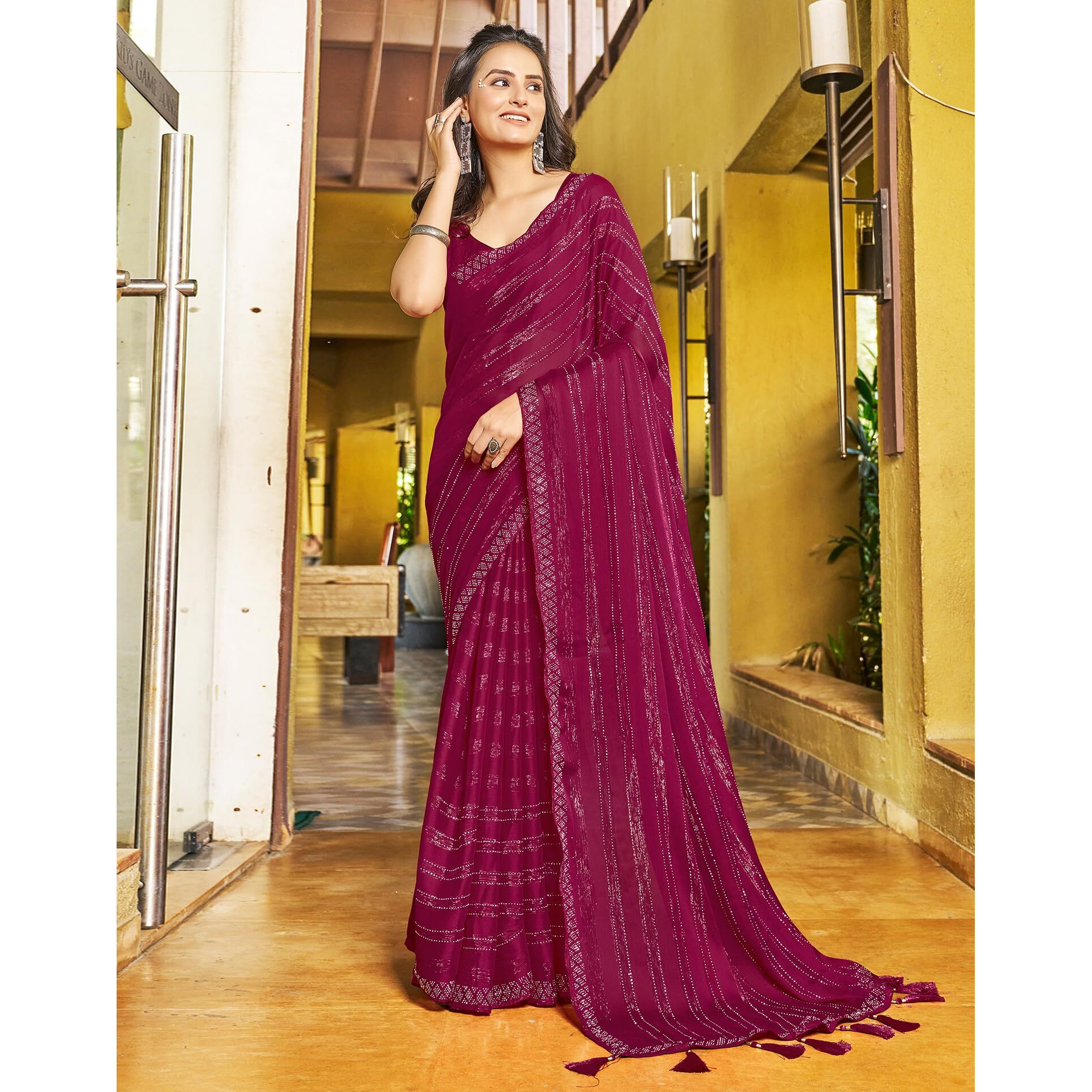 SIRIL Womens Chiffon Hot Fixing Saree With Unstitched Blouse Piece (3397S241_Rani Pink)