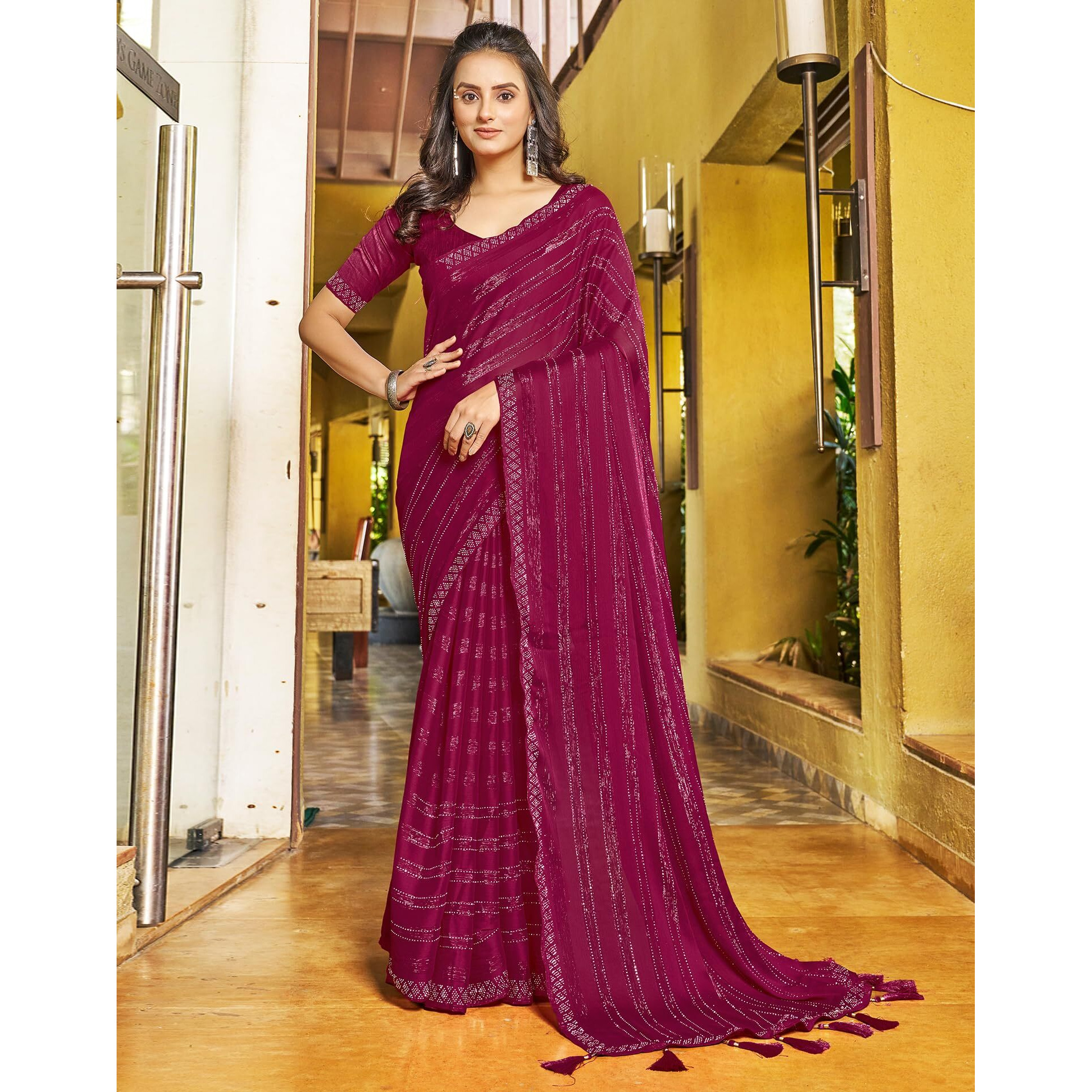 SIRIL Womens Chiffon Hot Fixing Saree With Unstitched Blouse Piece (3397S241_Rani Pink)