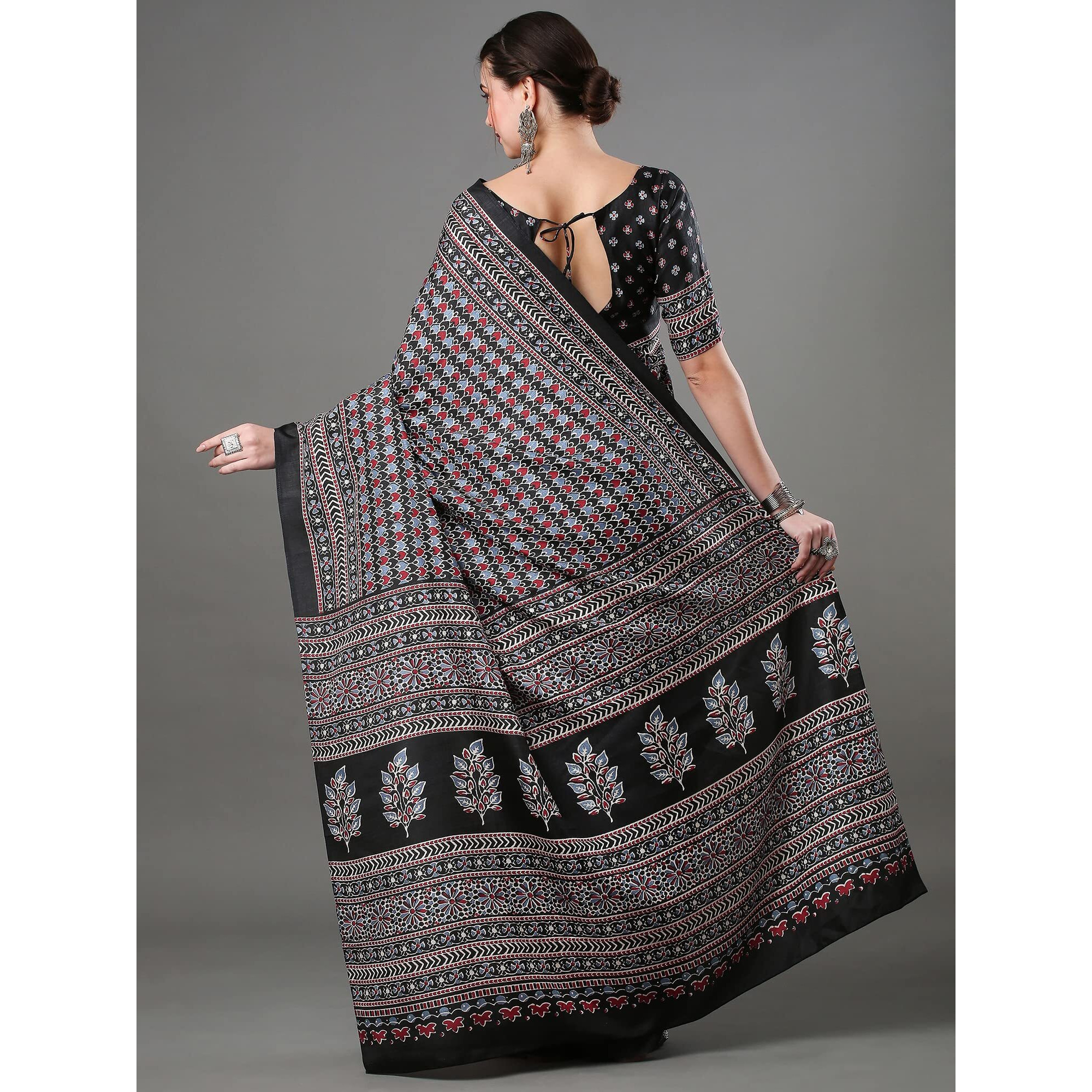 SAREE MALL Womens Ajrak Block Print Dola Silk Saree With Unstitched Blouse Piece (Black_KUMRN208._SM)
