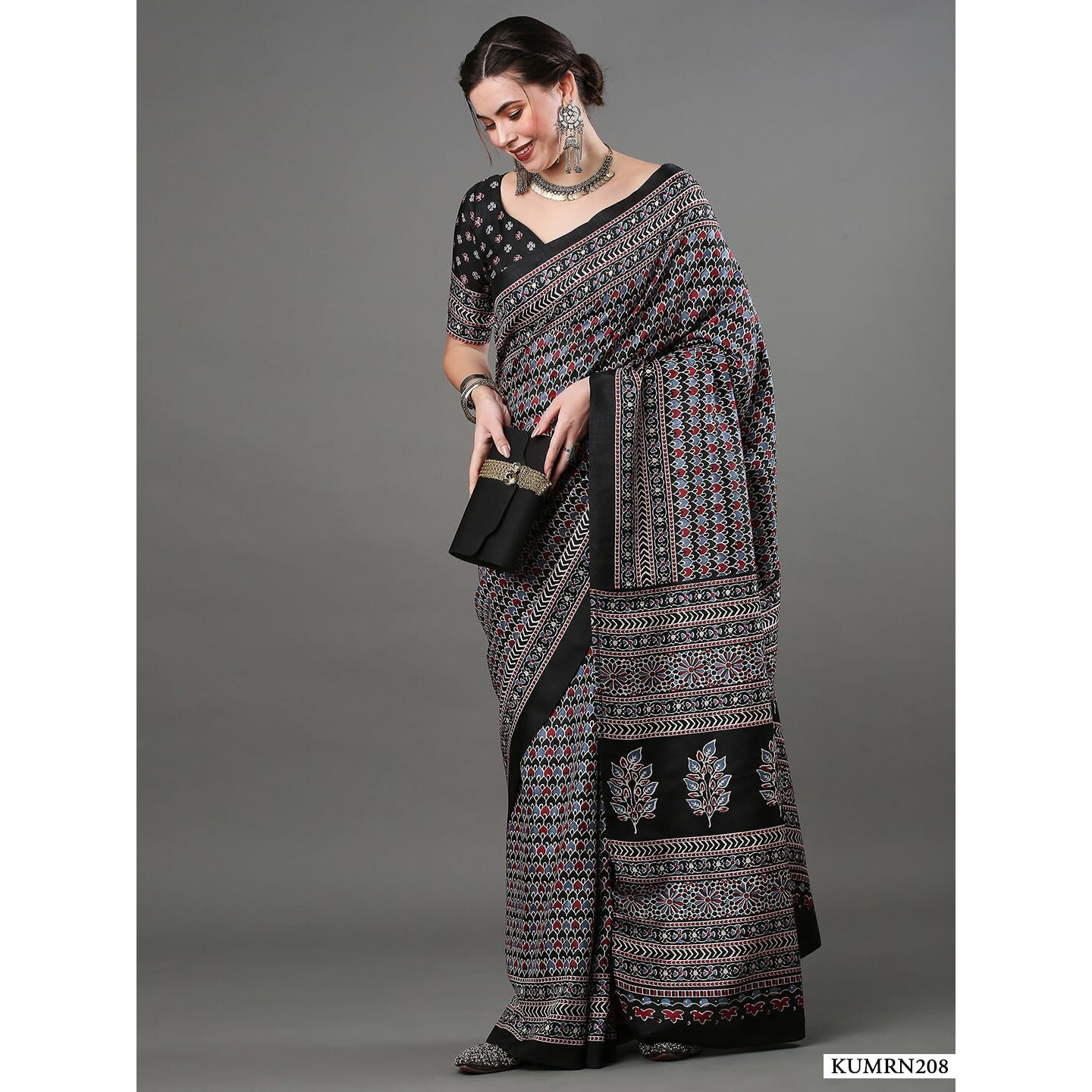 SAREE MALL Womens Ajrak Block Print Dola Silk Saree With Unstitched Blouse Piece (Black_KUMRN208._SM)