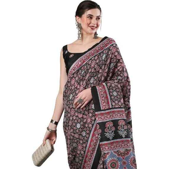 SAREE MALL Womens Ajrak Block Print Dola Silk Saree With Unstitched Blouse Piece (Black_KUMRN202_SM)