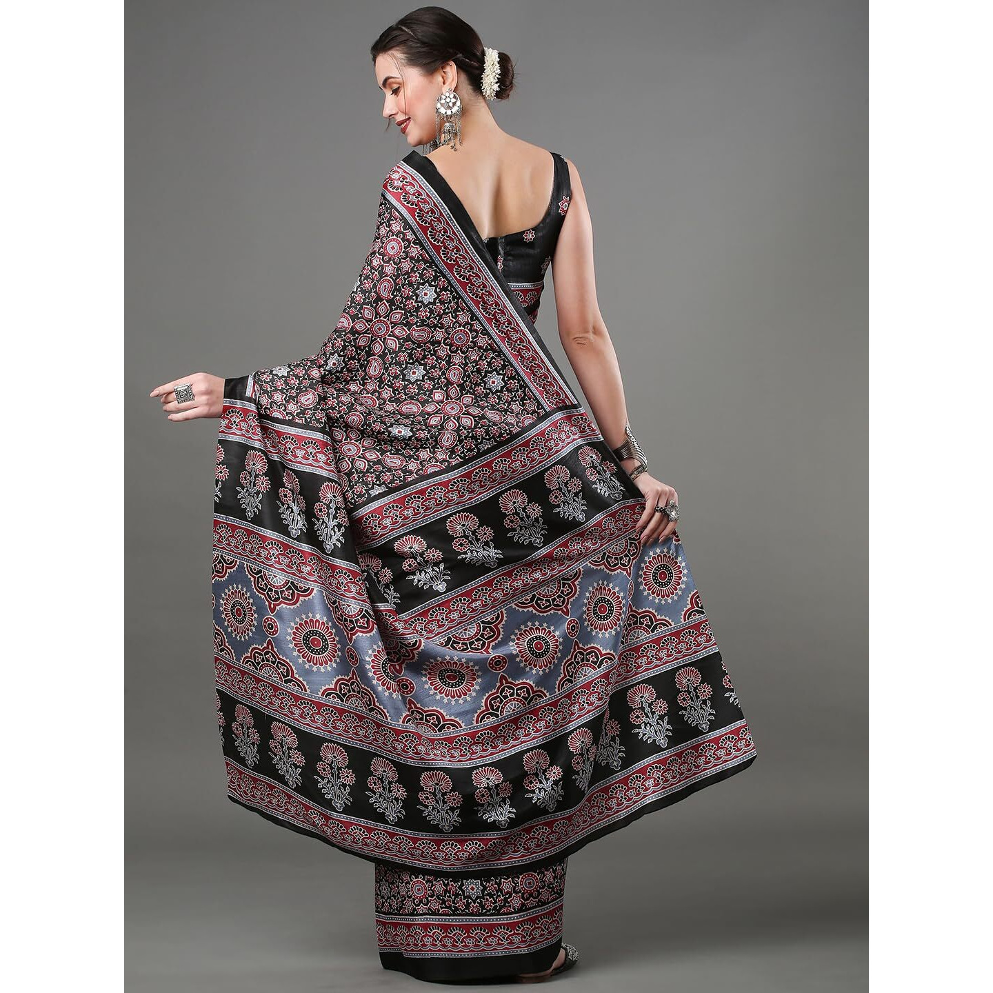 SAREE MALL Womens Ajrak Block Print Dola Silk Saree With Unstitched Blouse Piece (Black_KUMRN202_SM)