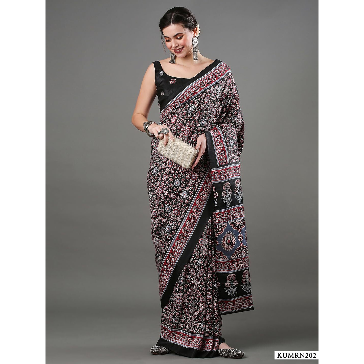 SAREE MALL Womens Ajrak Block Print Dola Silk Saree With Unstitched Blouse Piece (Black_KUMRN202_SM)
