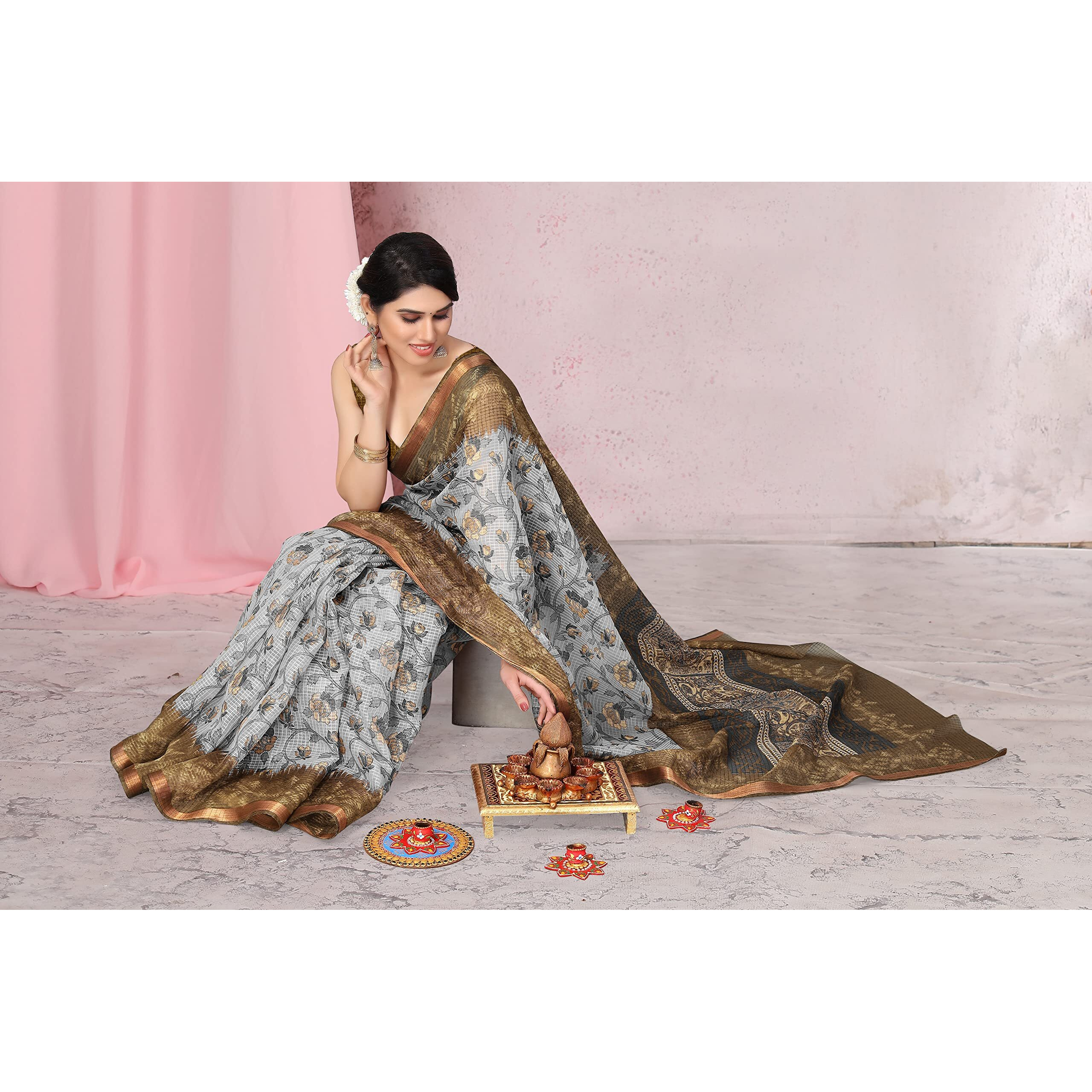 MIRCHI FASHION Womens Stylish Kota Doria Checks Woven Floral Printed Saree with Blouse Piece (Grey, Beige)