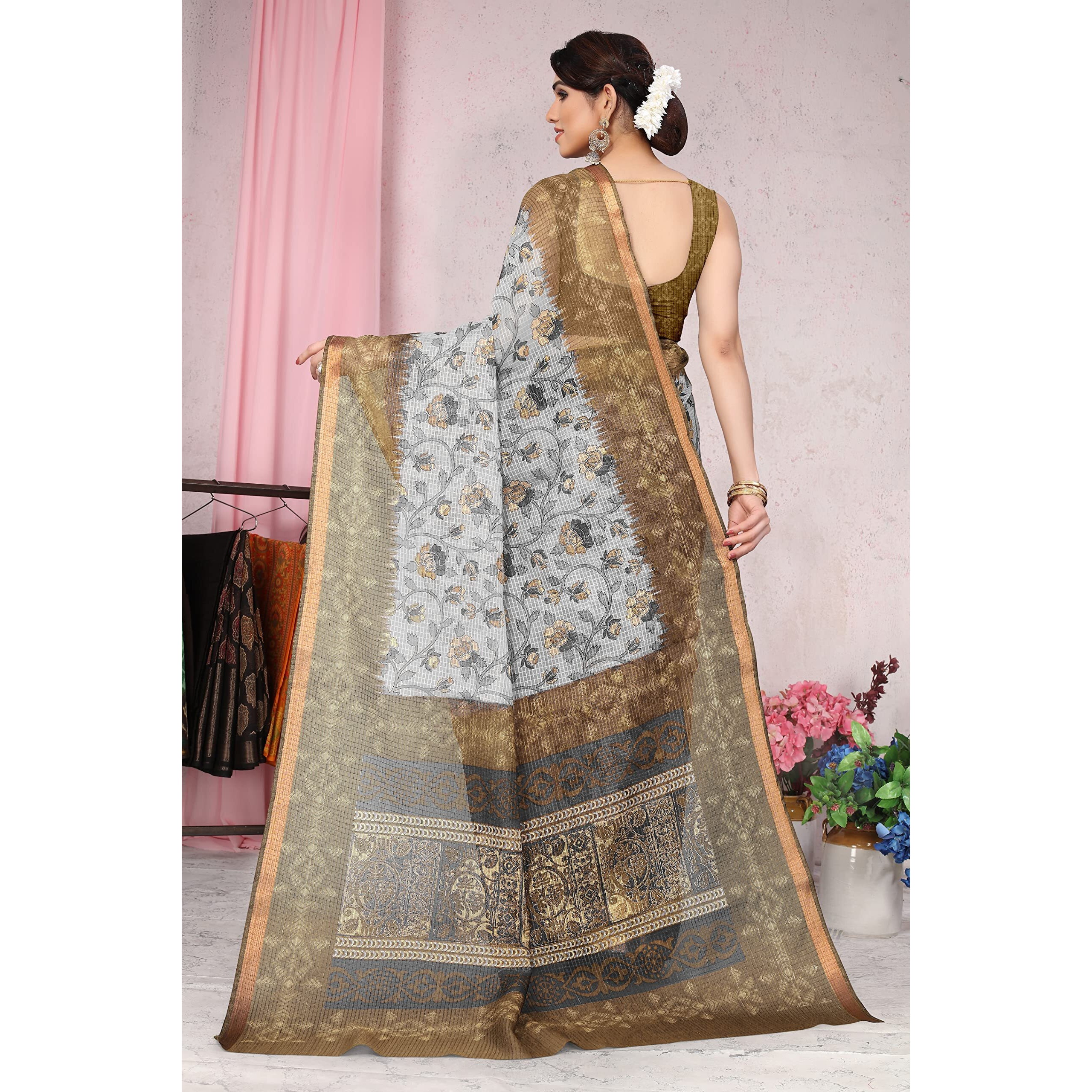 MIRCHI FASHION Womens Stylish Kota Doria Checks Woven Floral Printed Saree with Blouse Piece (Grey, Beige)