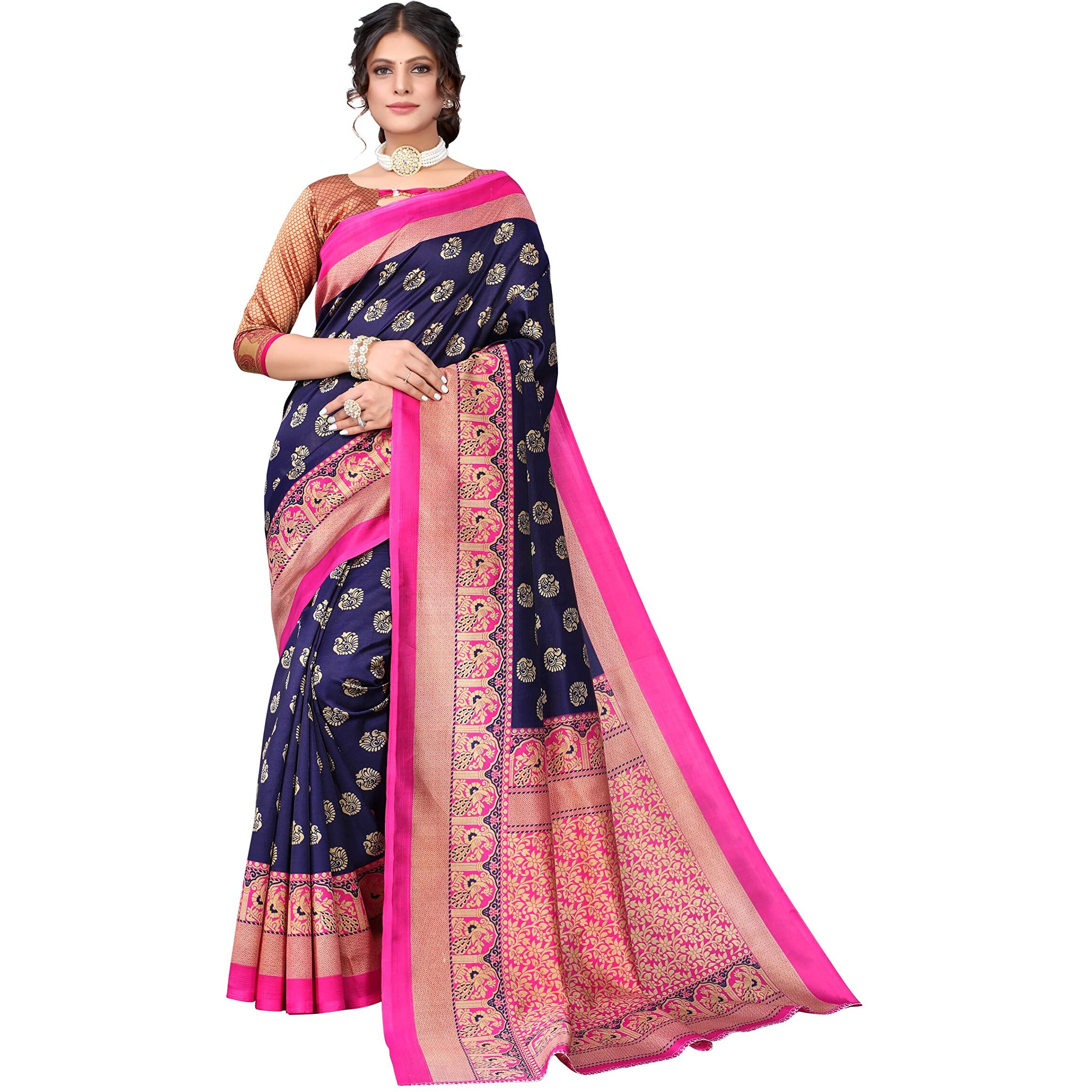 Yashika Womens Jacquard Art Silk Standard Length Saree (Minali Navy_R