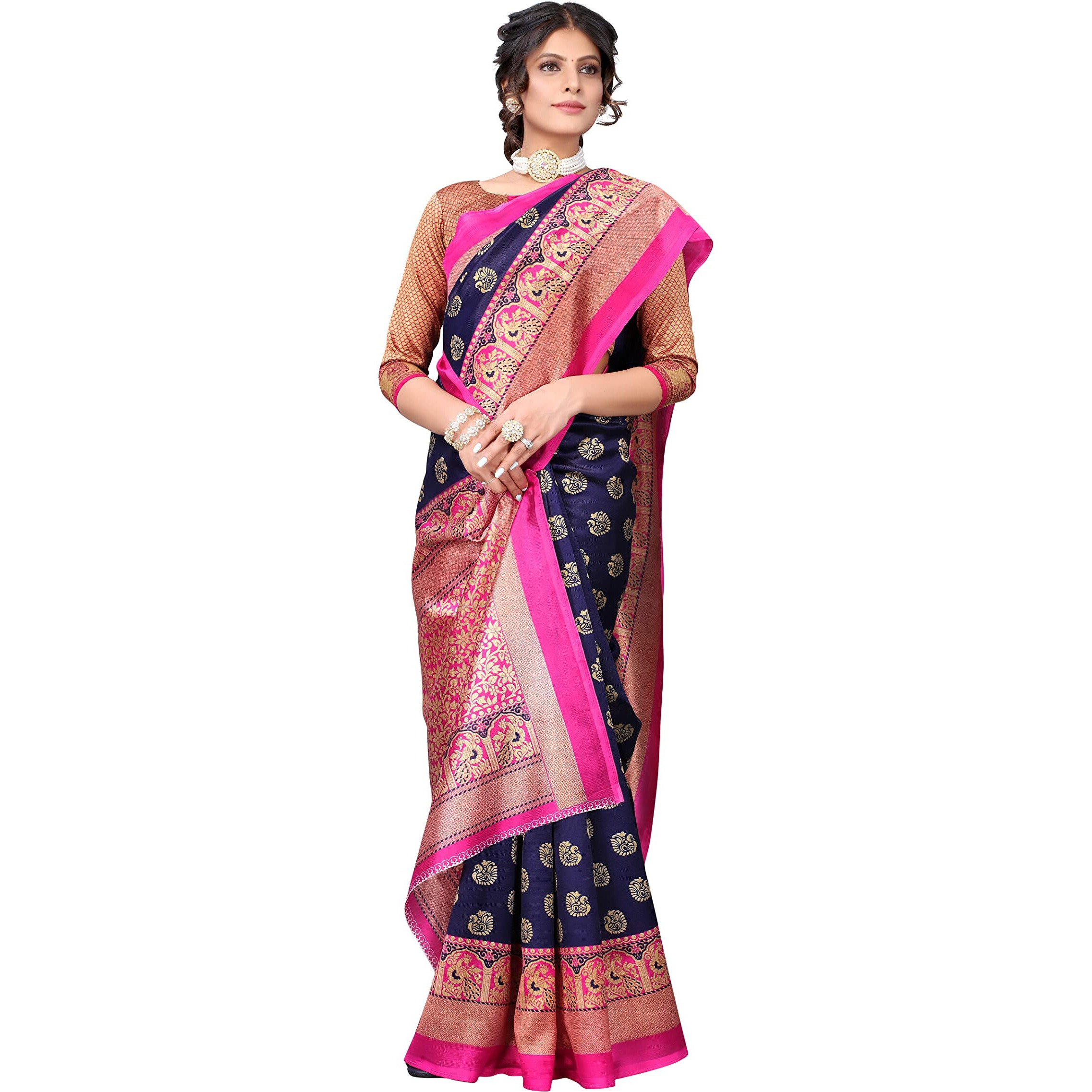 Yashika Womens Jacquard Art Silk Standard Length Saree (Minali Navy_R