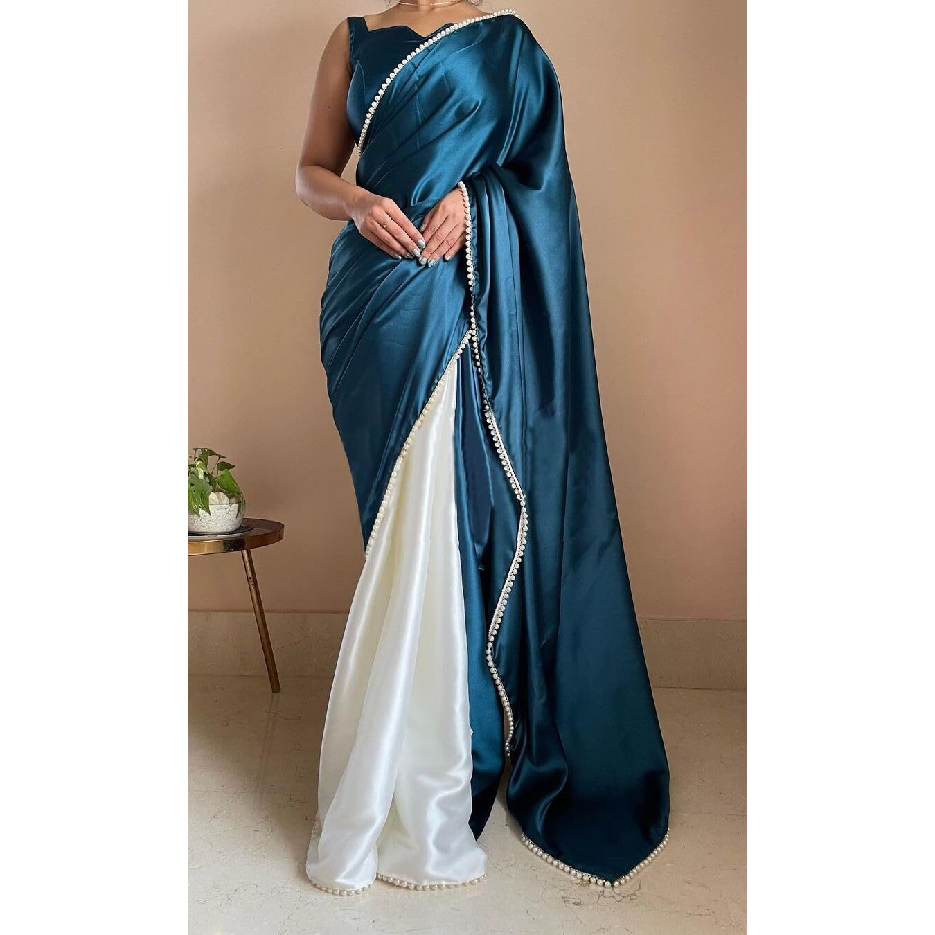 BRAHMSHAKTI Womens Satin Half Half Collection Saree With Blouse Piece, Multicolour