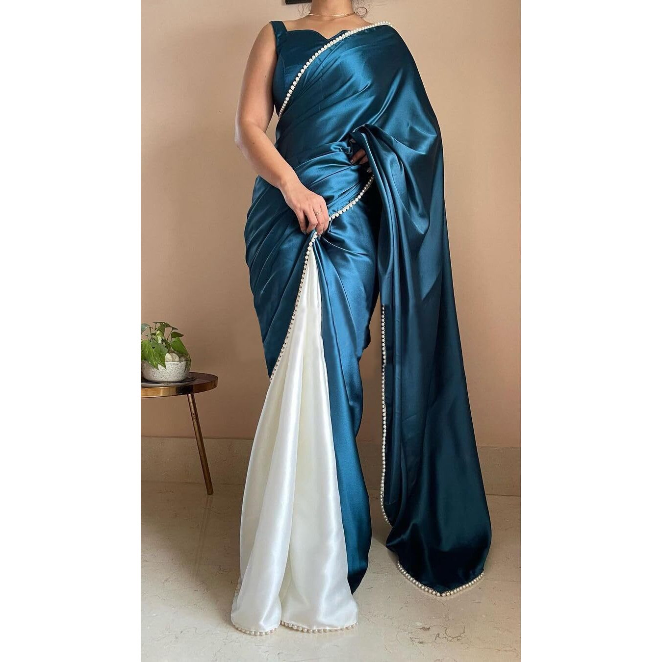 BRAHMSHAKTI Womens Satin Half Half Collection Saree With Blouse Piece, Multicolour