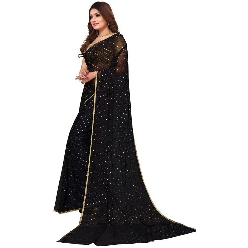 SIRIL Womens Jari Border & Mukaish Work Chiffon Saree with Unstitched Blouse Piece(2811S292A_Black1)