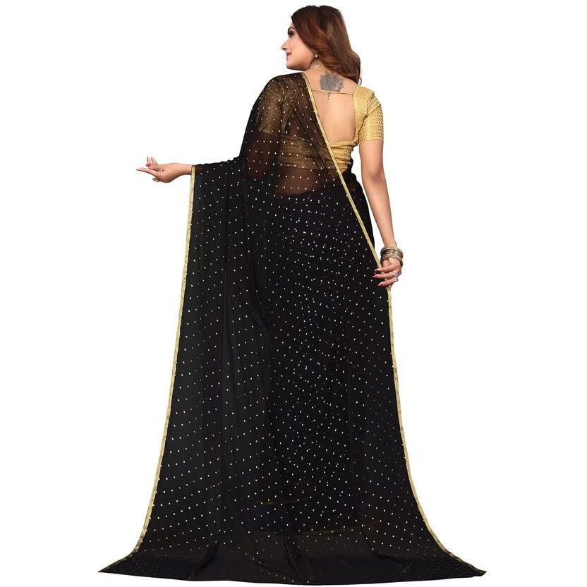 SIRIL Womens Jari Border & Mukaish Work Chiffon Saree with Unstitched Blouse Piece(2811S292A_Black1)