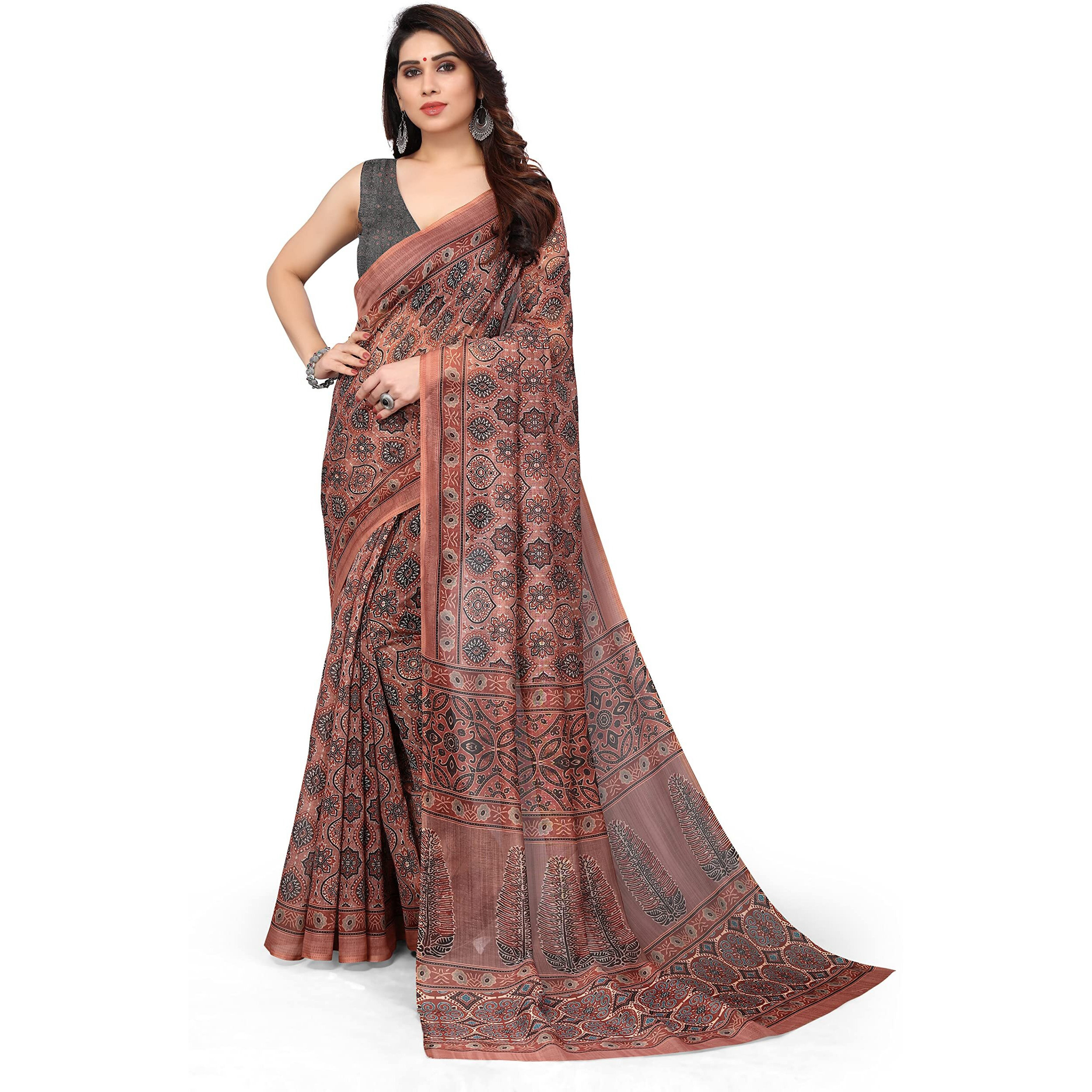 MIRCHI FASHION Womens Plain Weave Cotton Blend Ajrak Digital Printed Saree with Blouse Piece (37683-Rust, Grey)