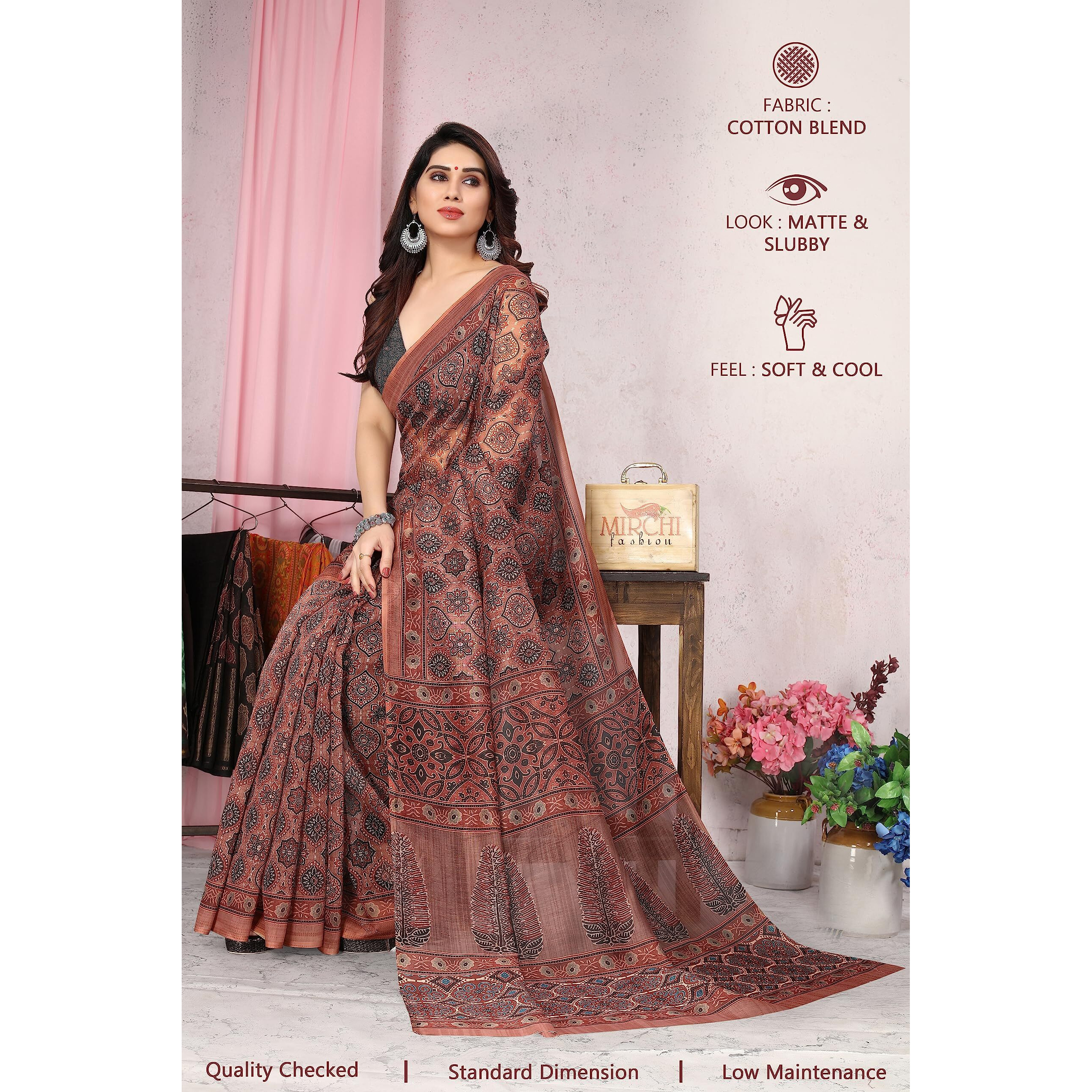 MIRCHI FASHION Womens Plain Weave Cotton Blend Ajrak Digital Printed Saree with Blouse Piece (37683-Rust, Grey)