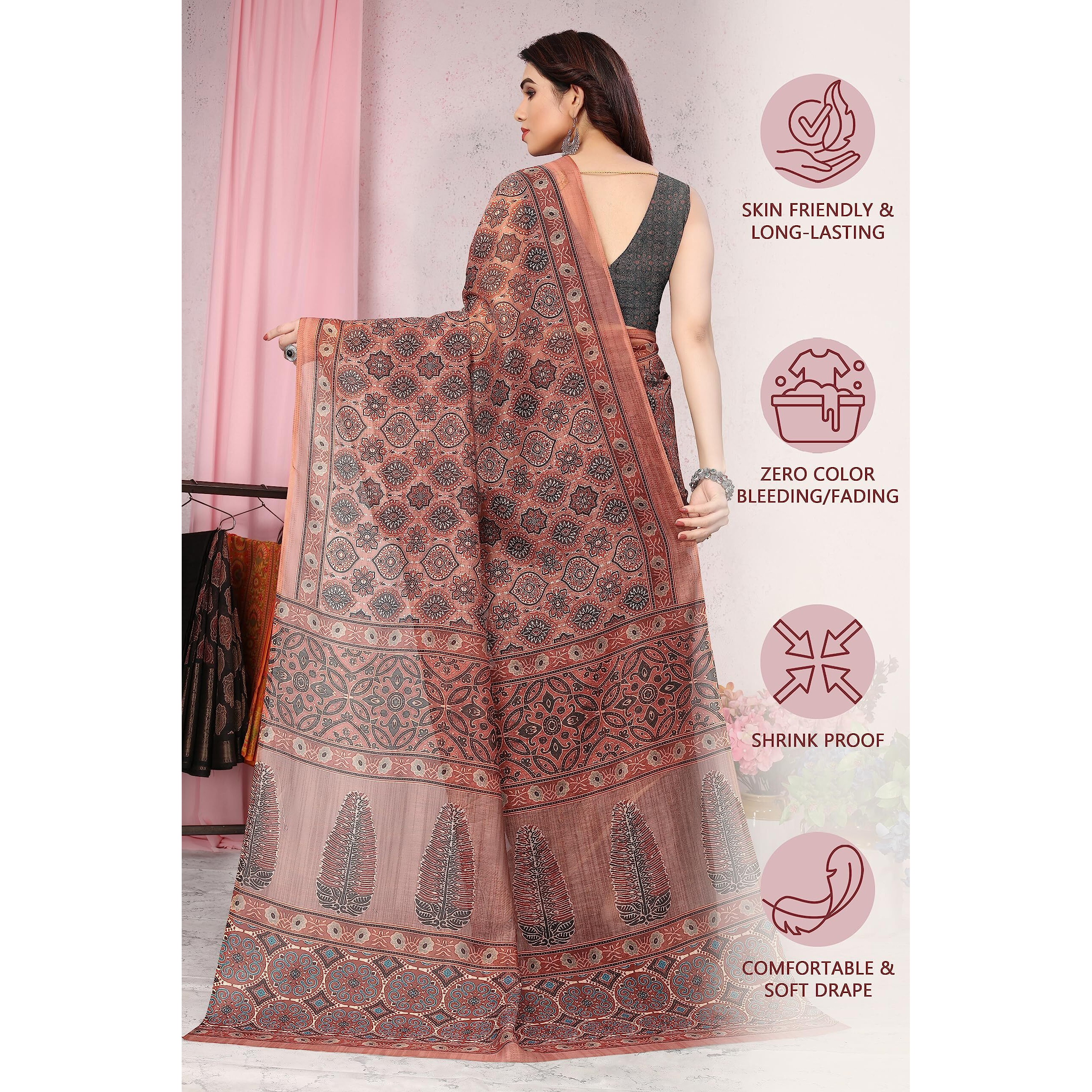 MIRCHI FASHION Womens Plain Weave Cotton Blend Ajrak Digital Printed Saree with Blouse Piece (37683-Rust, Grey)