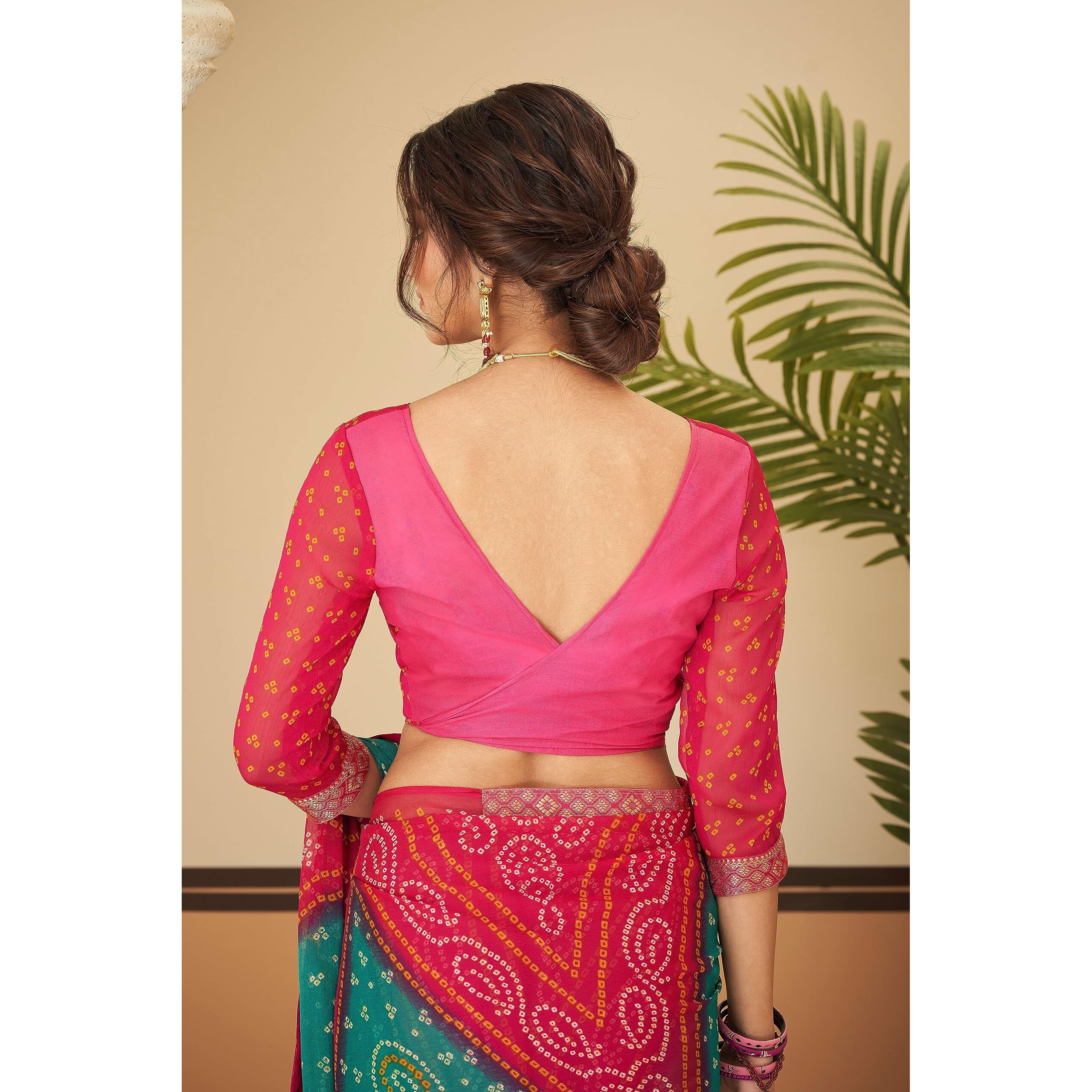 Jaanvi fashion Womens Chiffon Bandhani Print Saree With Solid Self Printed Blouse