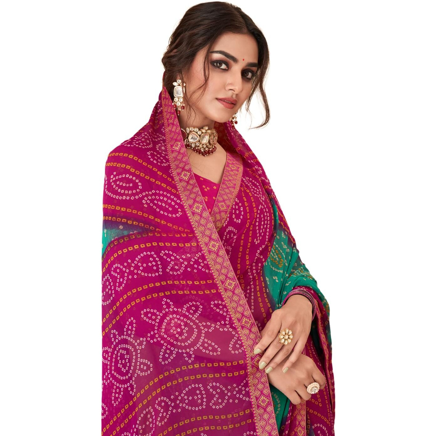 Jaanvi fashion Womens Chiffon Bandhani Print Saree With Solid Self Printed Blouse