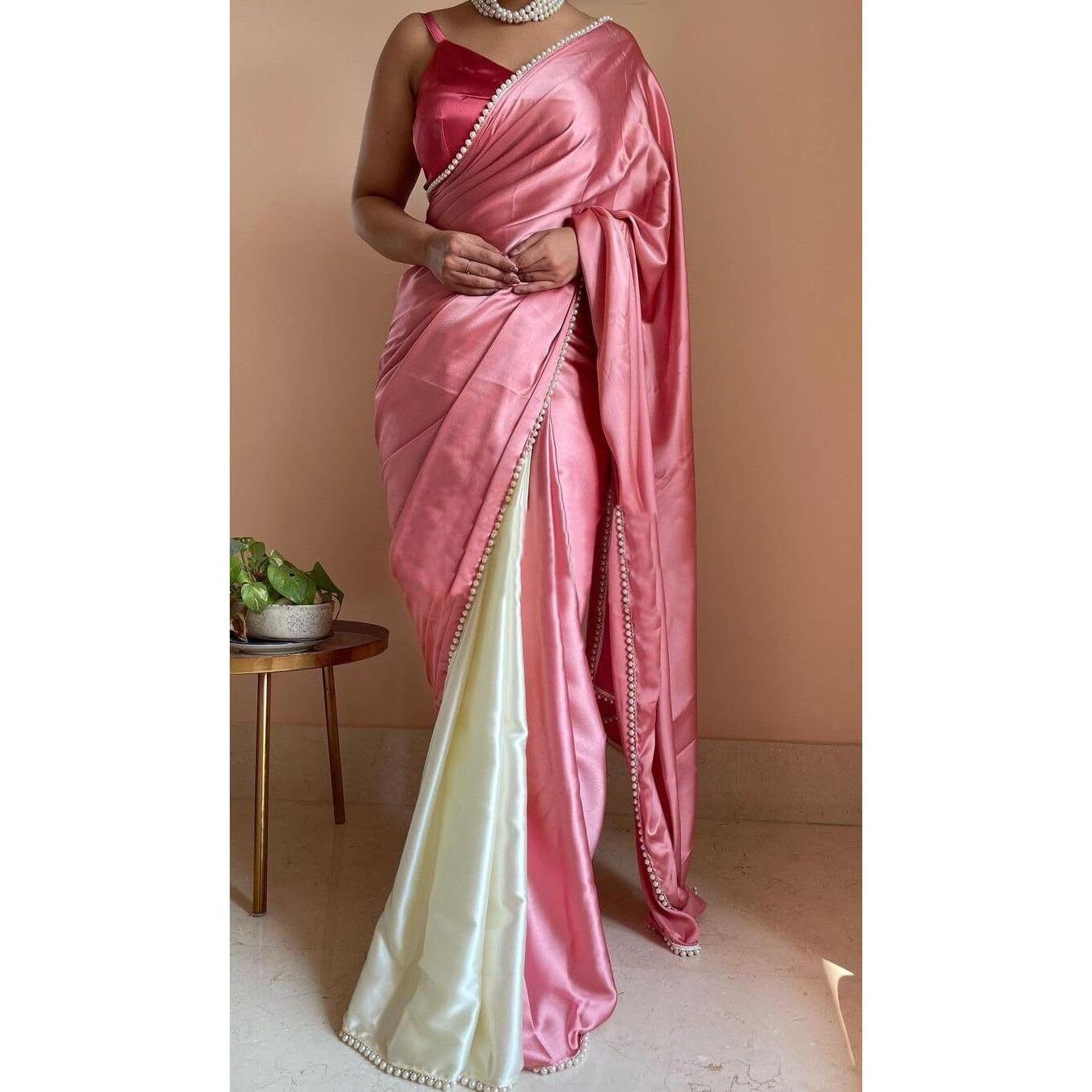 BRAHMSHAKTI Womens Satin Half Half Collection Saree With Blouse Piece, Pink