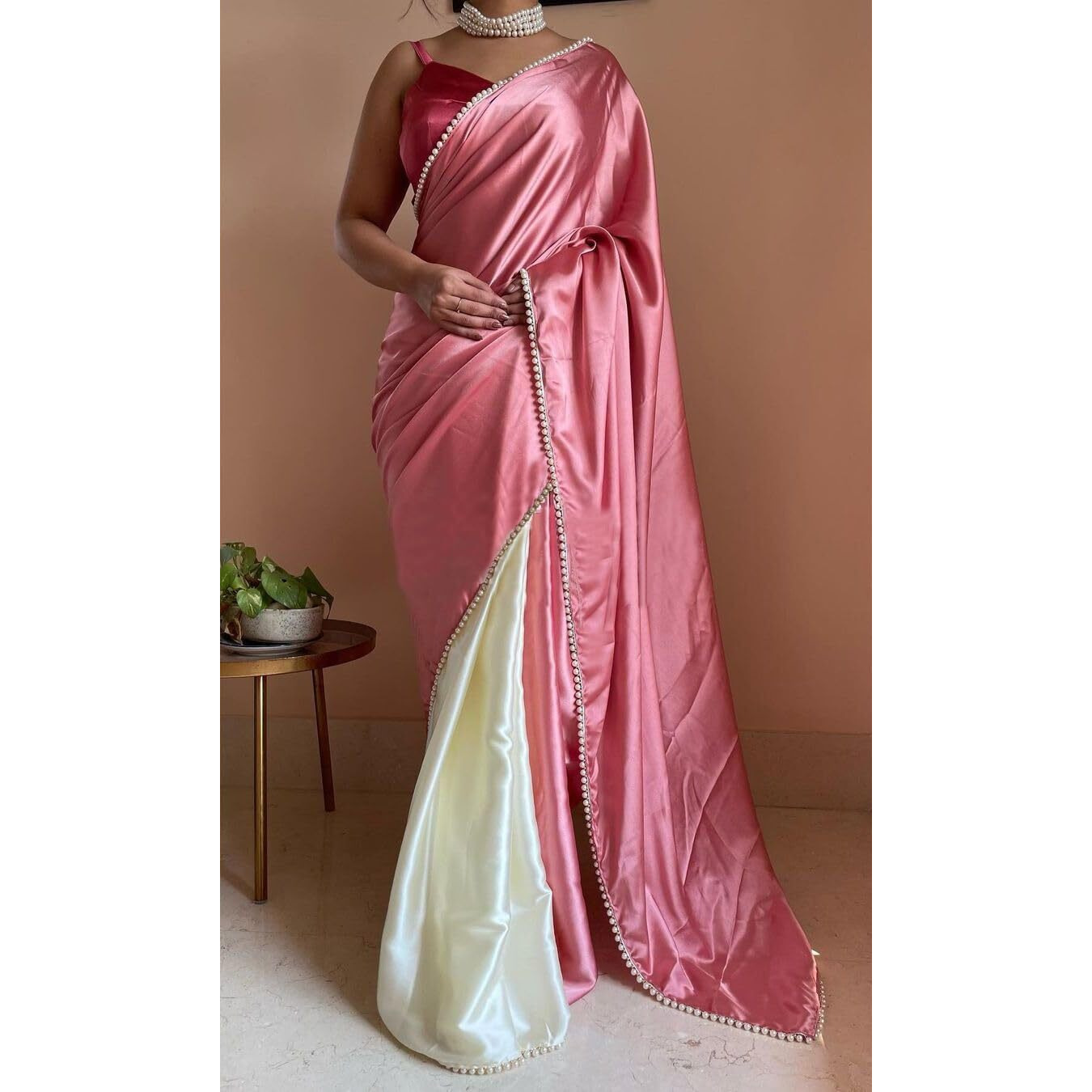 BRAHMSHAKTI Womens Satin Half Half Collection Saree With Blouse Piece, Pink