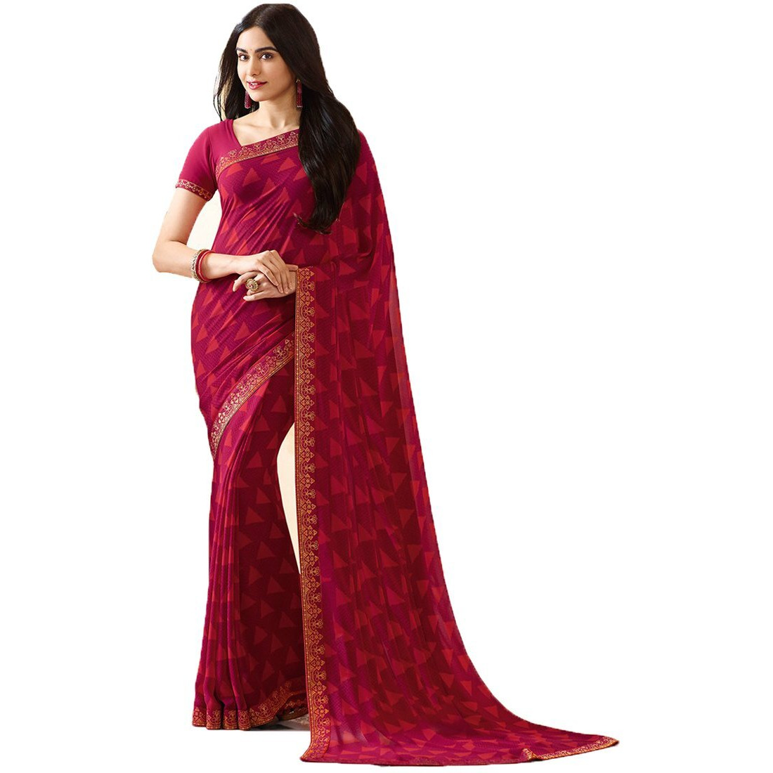 RAJESHWAR FASHION WITH RF Womens Maroon Georgette Prinred Saree With Jacquard Lace Border With Blouse Piece (A20 PINK NEW SAREES_Pink)
