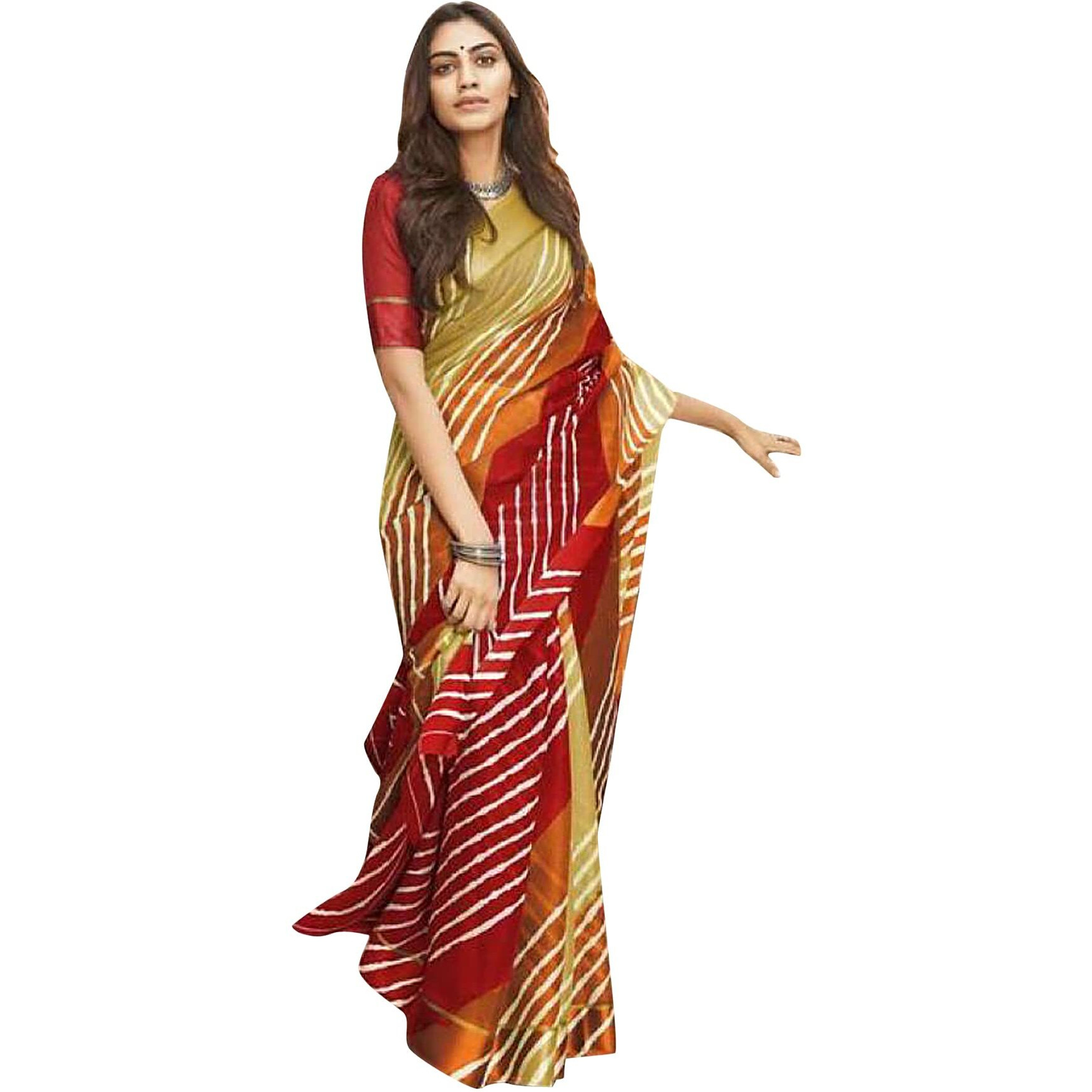 Yashika Womens Printed Linen Saree With Blouse Piece (RASHMIKA RED MAHENDI)