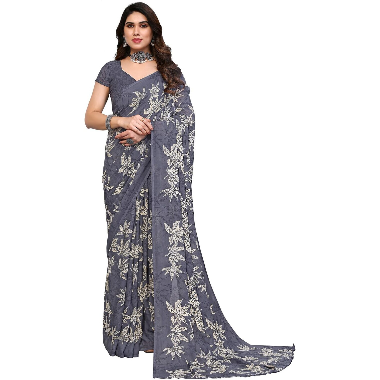SIRIL Womens Floral Printed Georgette Saree with Unstitched Blouse Piece (3290S136_Grey)