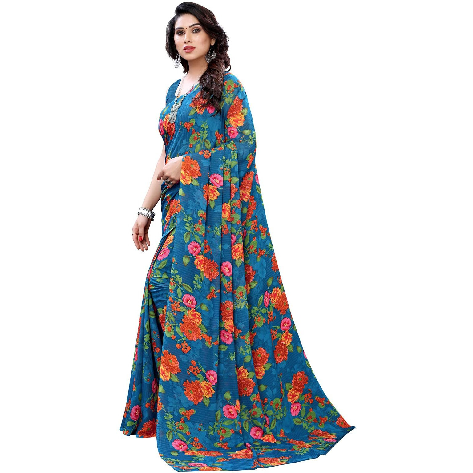 SIRIL Womens Georgette Floral Printed Saree with Blouse Piece (1955S350_ Blue)