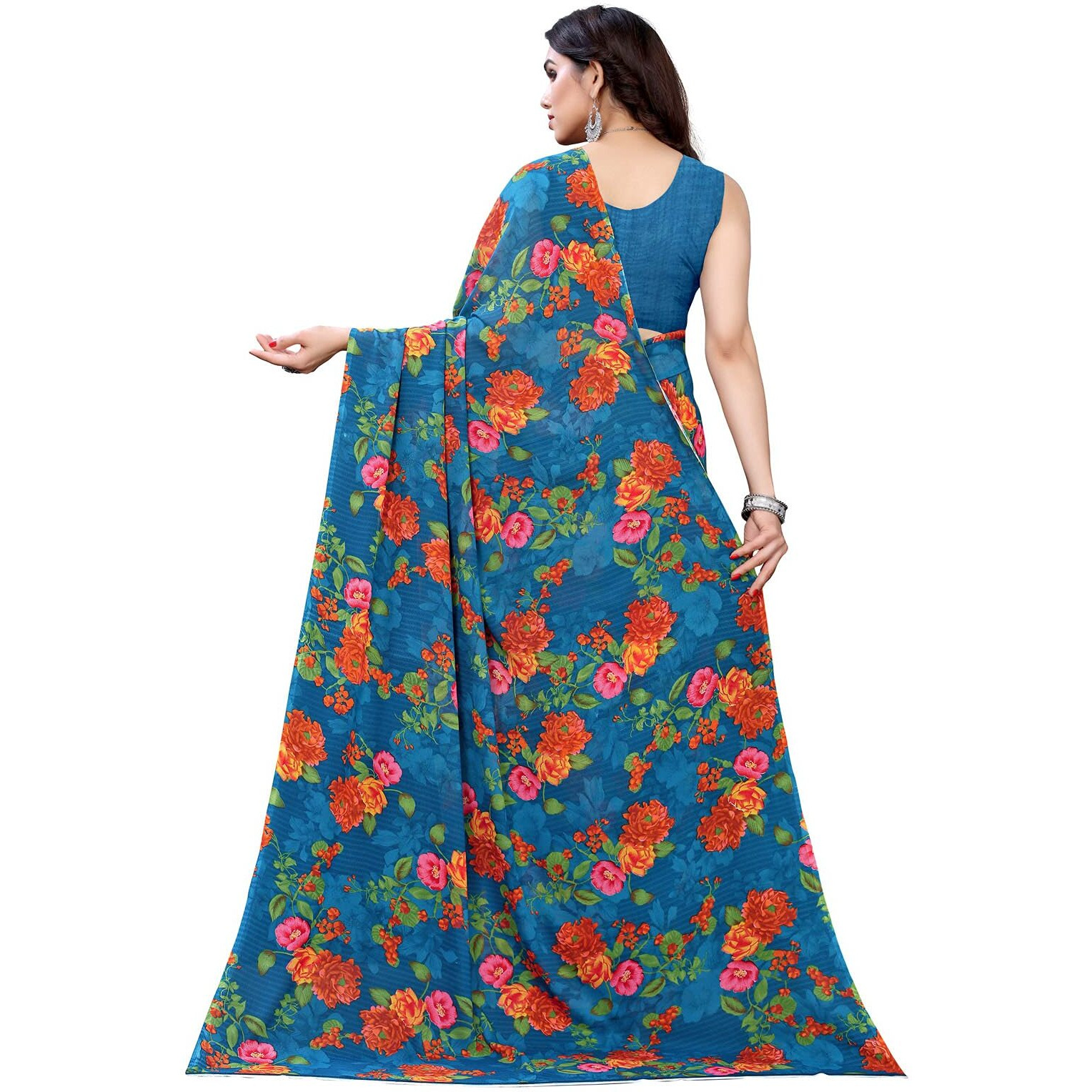 SIRIL Womens Georgette Floral Printed Saree with Blouse Piece (1955S350_ Blue)