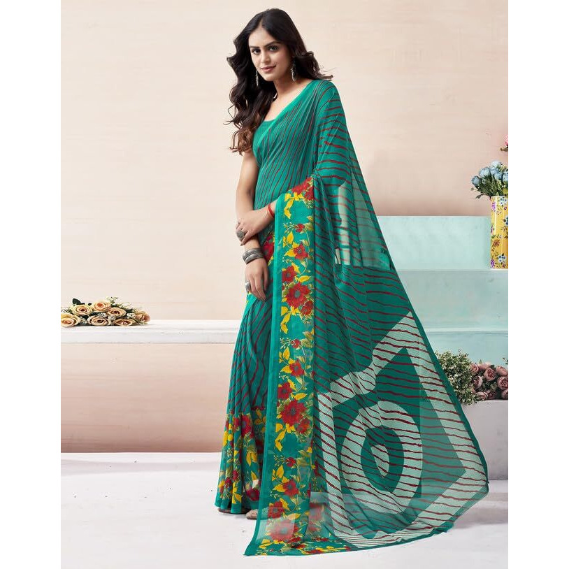 SIRIL Womens Georgette Printed Saree With Unstitched Blouse Piece (3629S2532_Rama Green)