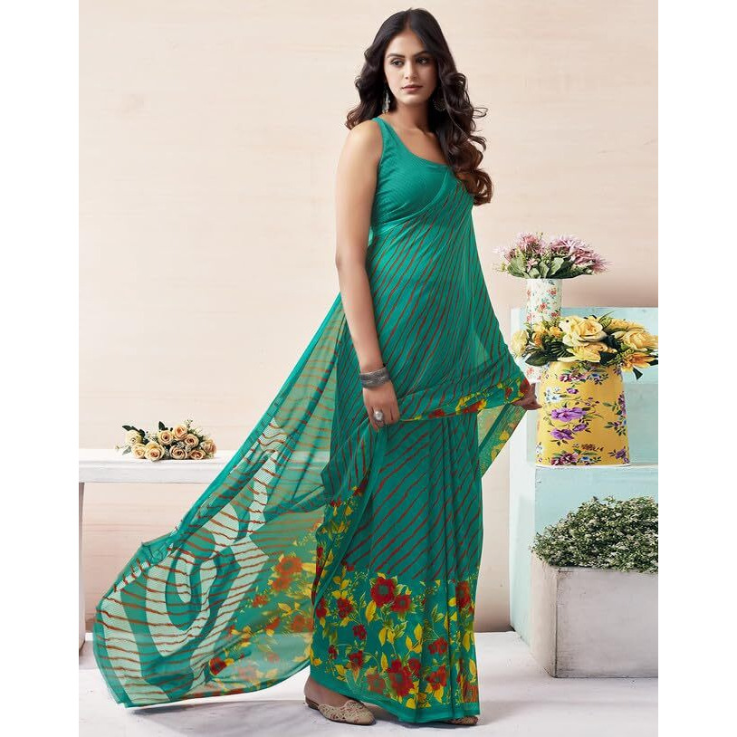 SIRIL Womens Georgette Printed Saree With Unstitched Blouse Piece (3629S2532_Rama Green)