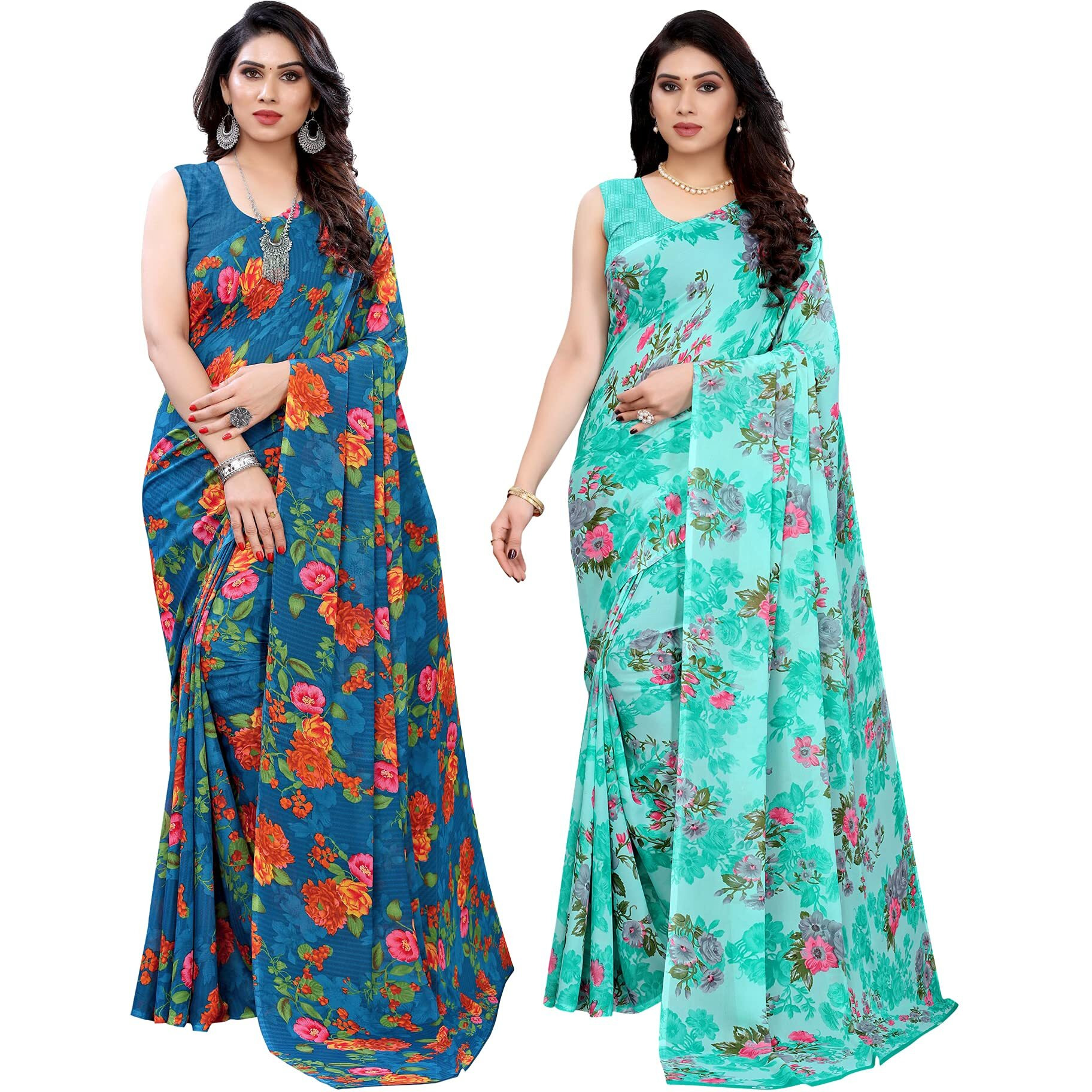 SIRIL Womens Floral Printed Georgette Saree with Blouse Combo Pack Of 2(1955S350_2041S576_Blue||Light Blue)