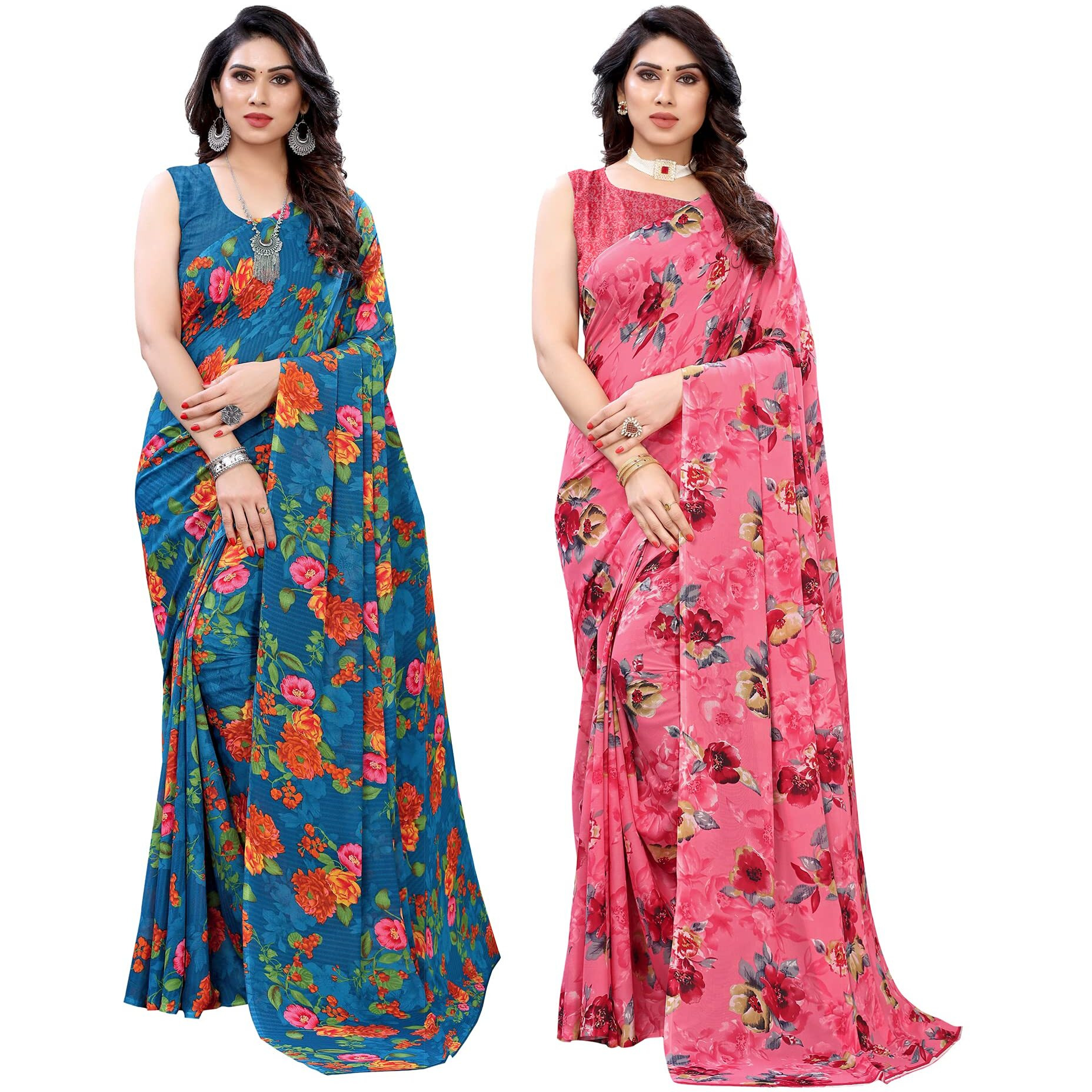 SIRIL Womens Floral Printed Georgette Saree with Blouse Combo Pack Of 2(1955S350_1850S178_Blue||Pink2)