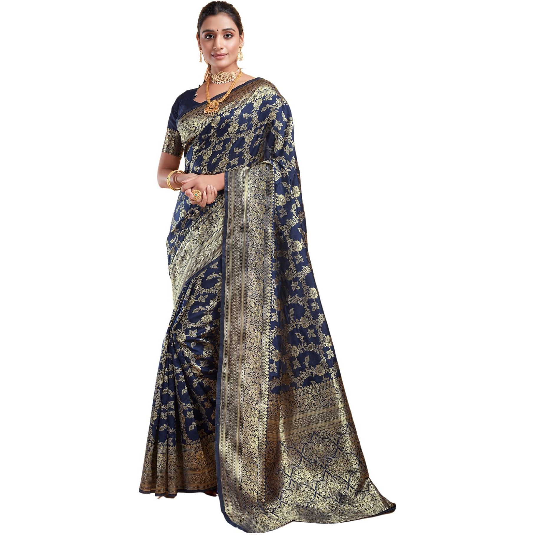 SIRIL Womens Silk Jacquard Saree With Unstitched Blouse Piece (3662S396_Navy Blue)