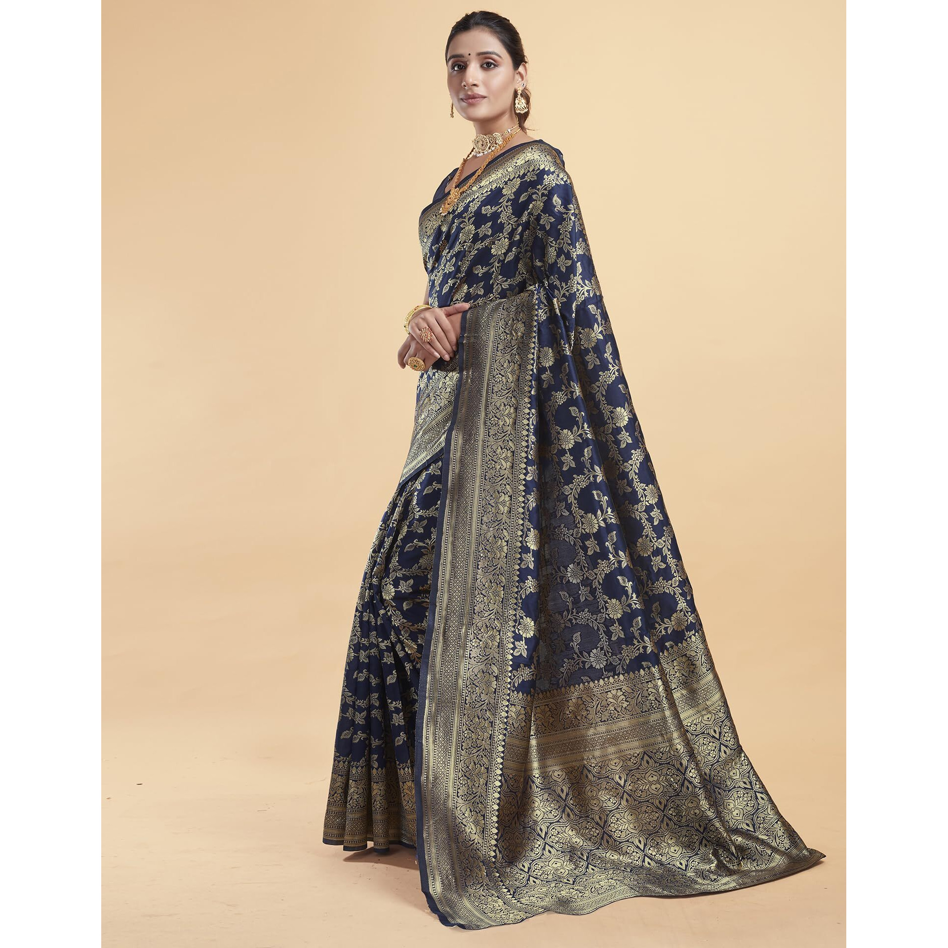 SIRIL Womens Silk Jacquard Saree With Unstitched Blouse Piece (3662S396_Navy Blue)