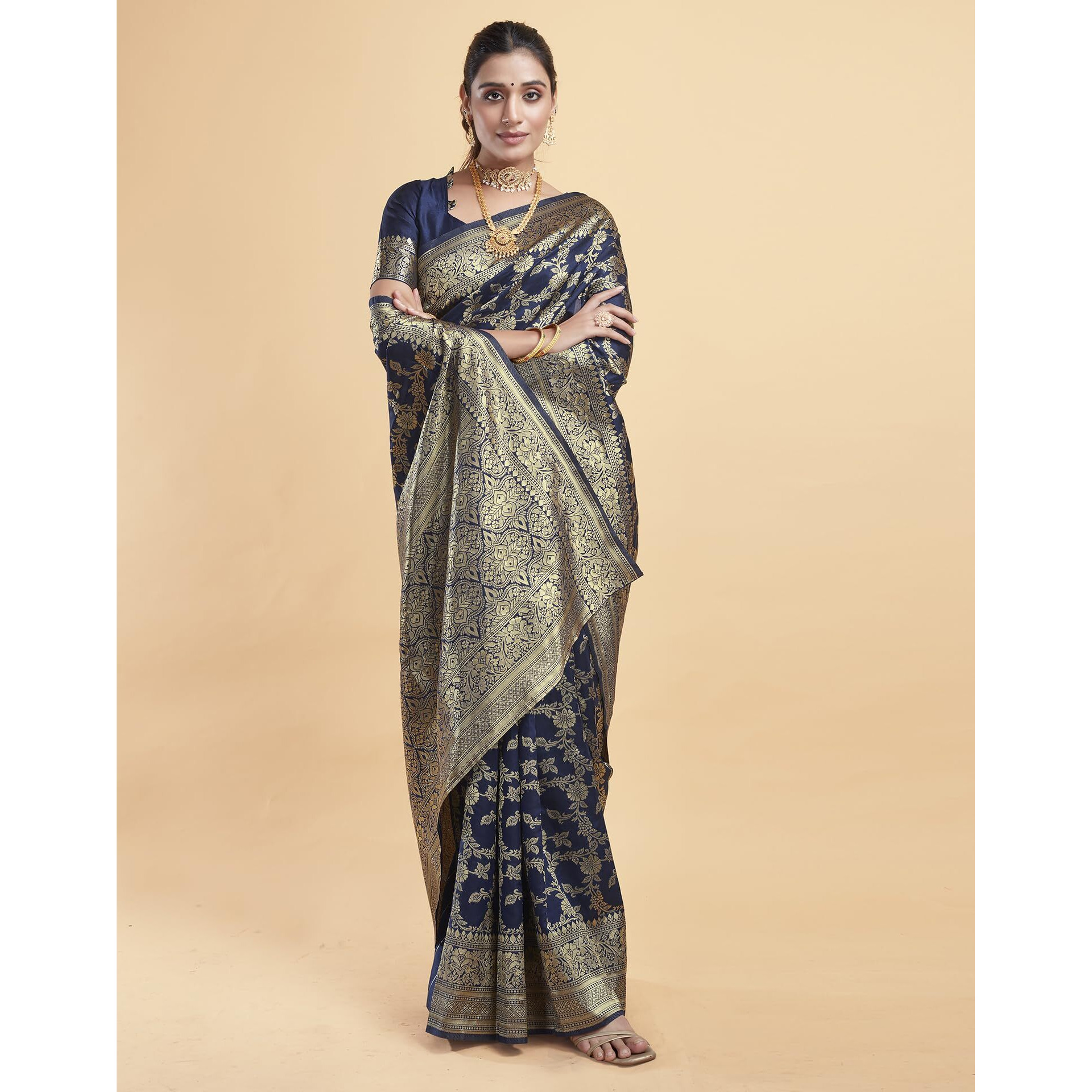 SIRIL Womens Silk Jacquard Saree With Unstitched Blouse Piece (3662S396_Navy Blue)