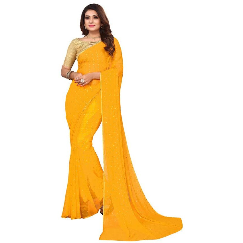 SIRIL Womens Jari Border & Mukaish Work Chiffon Saree with Unstitched Blouse Piece(2811S296A_Yellow1)