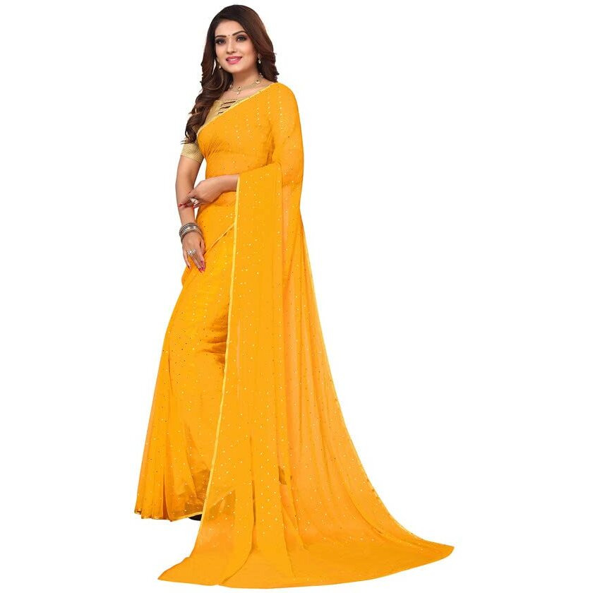 SIRIL Womens Jari Border & Mukaish Work Chiffon Saree with Unstitched Blouse Piece(2811S296A_Yellow1)