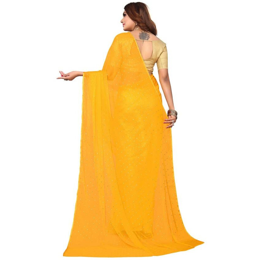 SIRIL Womens Jari Border & Mukaish Work Chiffon Saree with Unstitched Blouse Piece(2811S296A_Yellow1)