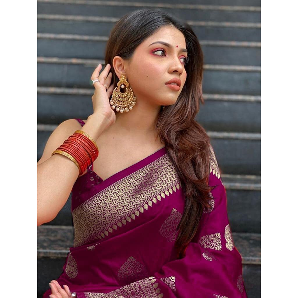 SGF11 Womens Kanjivaram Soft Silk Saree With Blouse Piece (Wine Purple)