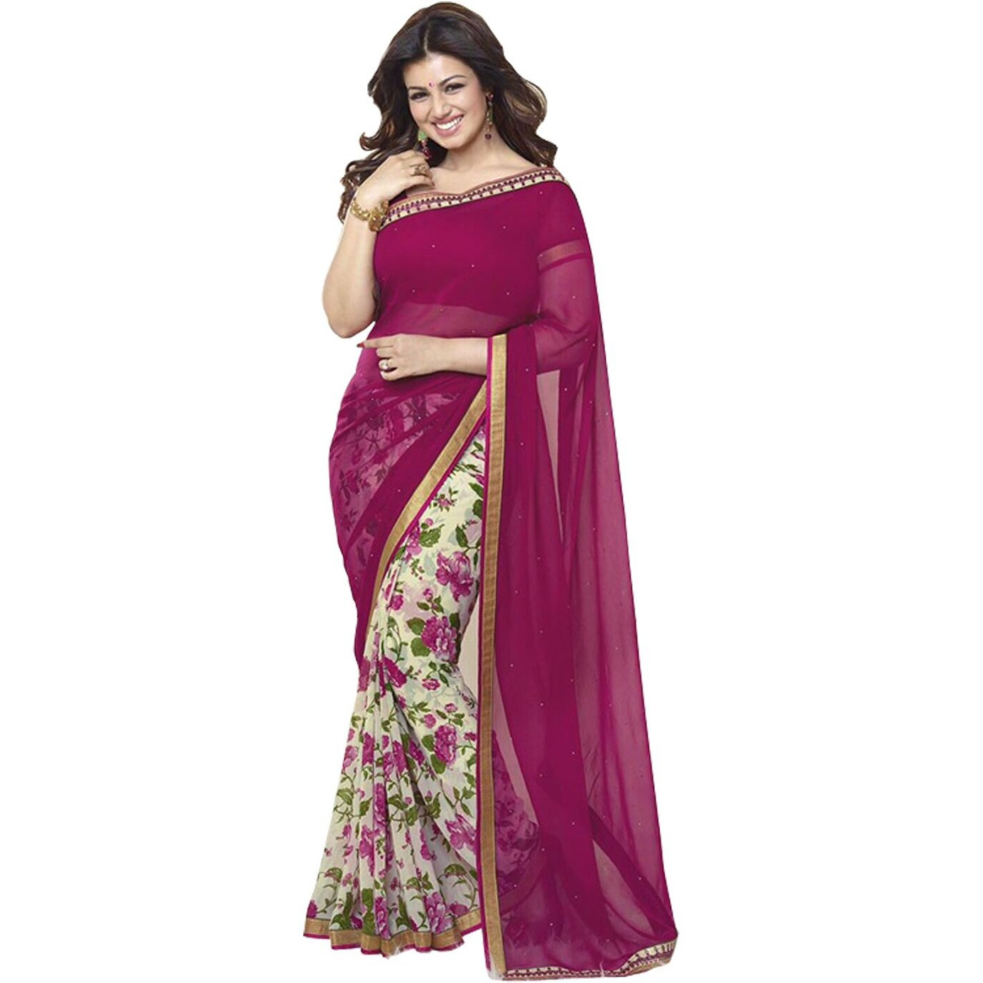 RAJESHWAR FASHION WITH RF Womens Floral Printed Georgette Half & Half Sarees For Women With Lace Border & Blouse Piece(Pink Print_Multicolored_Free Size 6.30 Mtr)