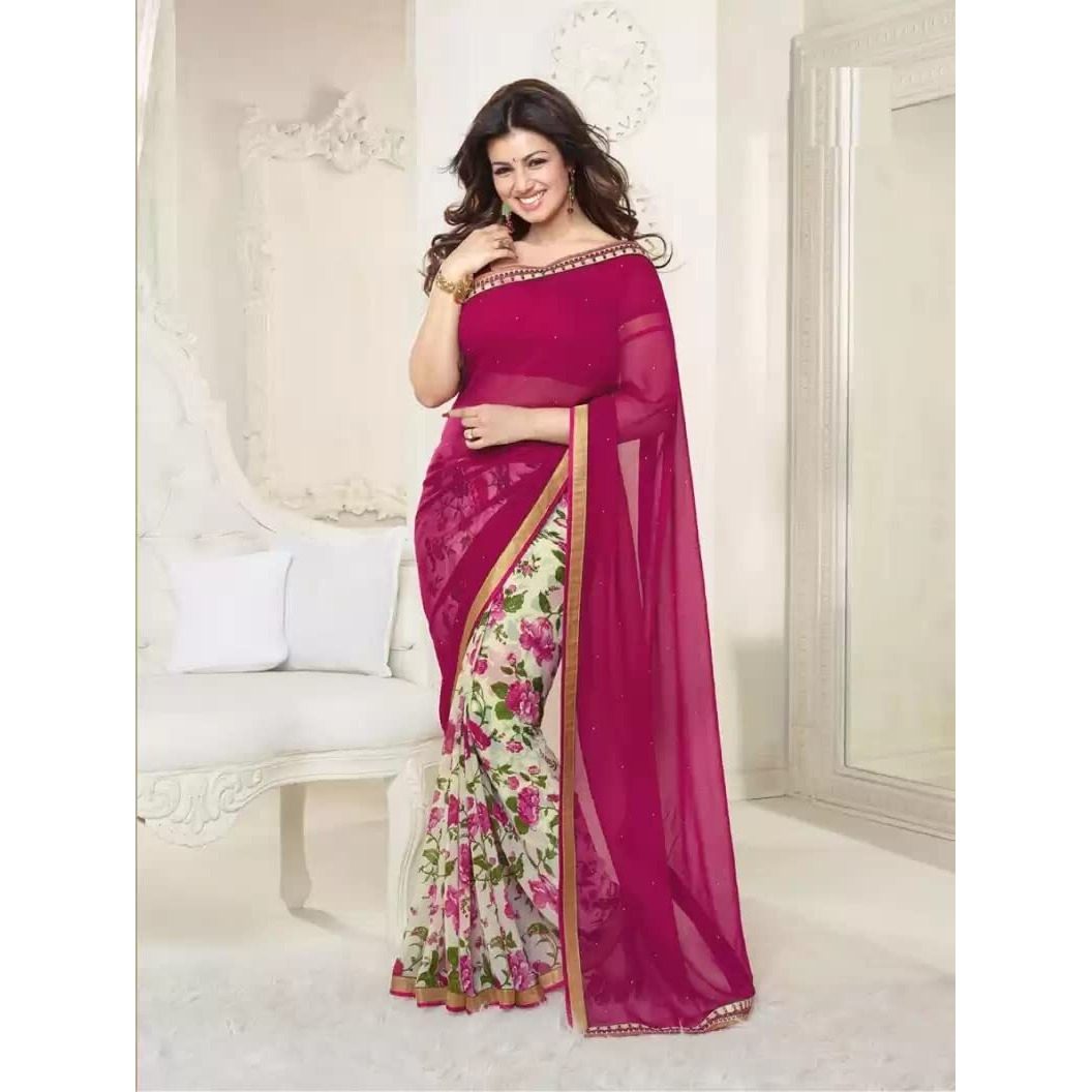 RAJESHWAR FASHION WITH RF Womens Floral Printed Georgette Half & Half Sarees For Women With Lace Border & Blouse Piece(Pink Print_Multicolored_Free Size 6.30 Mtr)