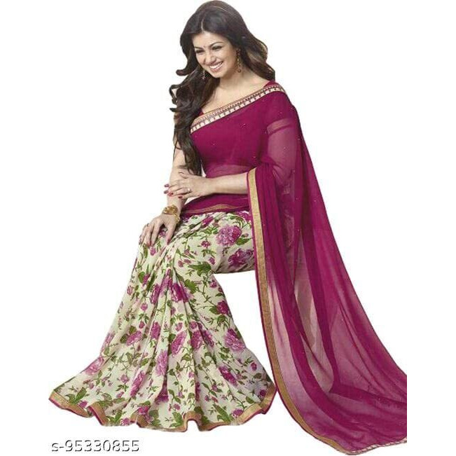 RAJESHWAR FASHION WITH RF Womens Floral Printed Georgette Half & Half Sarees For Women With Lace Border & Blouse Piece(Pink Print_Multicolored_Free Size 6.30 Mtr)