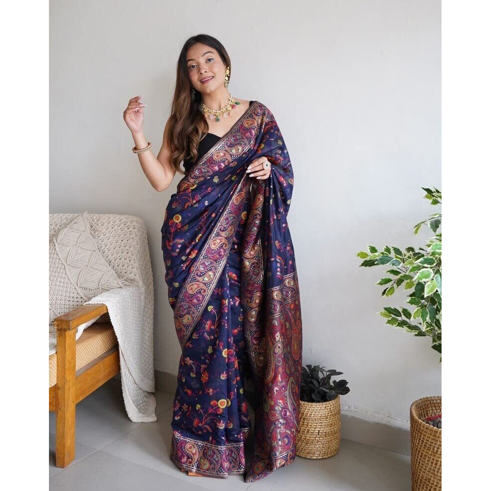 Amazon Brand - Anarva Womens Kashmiri Jamawar Woven Banarasi Silk Saree With Blouse Piece(shahtoosh-blue)