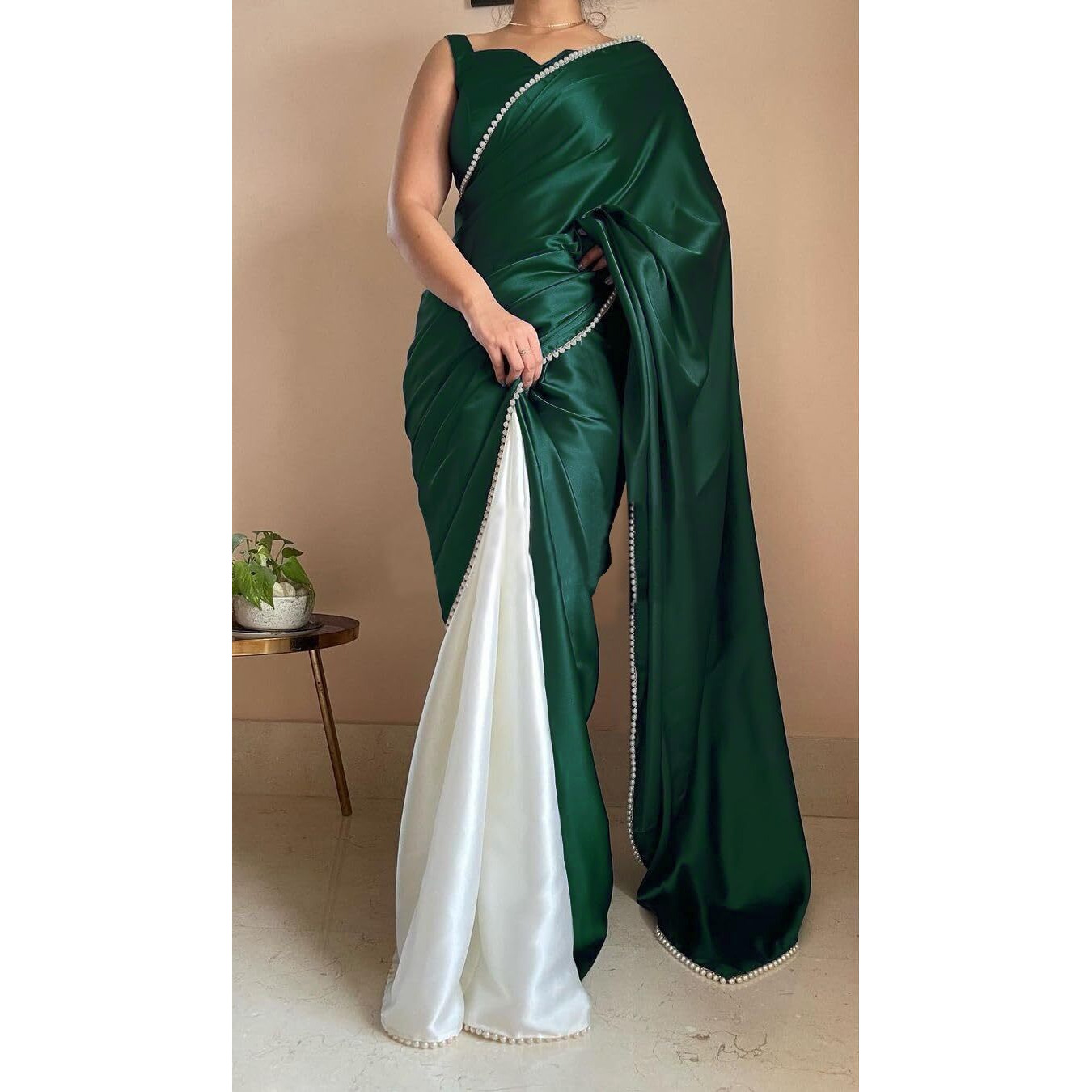 BRAHMSHAKTI Womens Satin Half Half Collection Saree With Blouse Piece